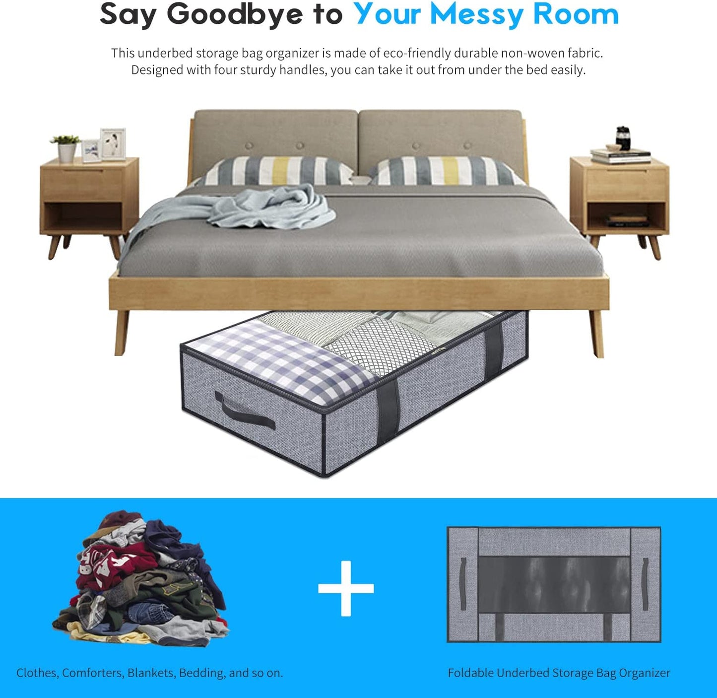 Foldable Underbed Bags 2 Pack - Blankets Clothes Comforters Storage Bag Breathable Zippered Organizer for Bedroom with Clear Window and 4 Handles, 39.4X19.7X5.9 In, Linen-Like Grey, MXDUBBP2