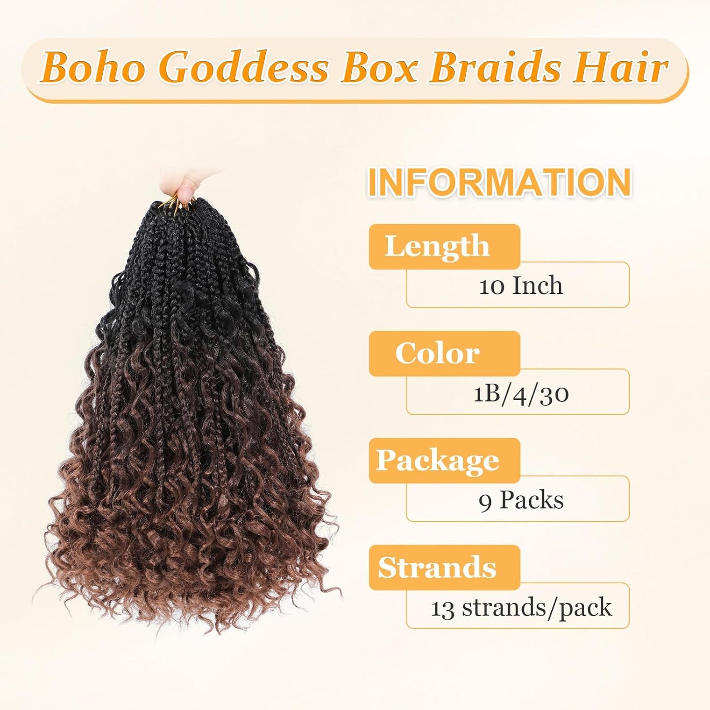 Goddess Box Braids Crochet Hair 10 Inch Boho Crochet Box Braids with Curly Ends, 9 Packs Bohomian Box Braids Crochet Hair for Black Women Pre Looped Box Braids Crochet Hair (10Inch,1B/4/30)