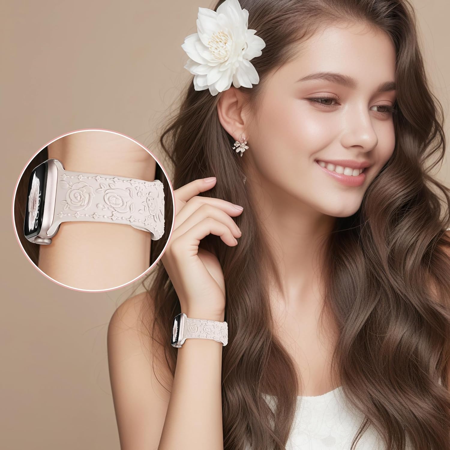 2 Pack Floral Silicone Band for Apple Watch Bands 46Mm 45Mm 44Mm 42Mm(S3) Iwatch Bands Series 10 9 8 7 SE 6 5 4 3 for Women, Cute Fancy Dressy Engraved Strap
