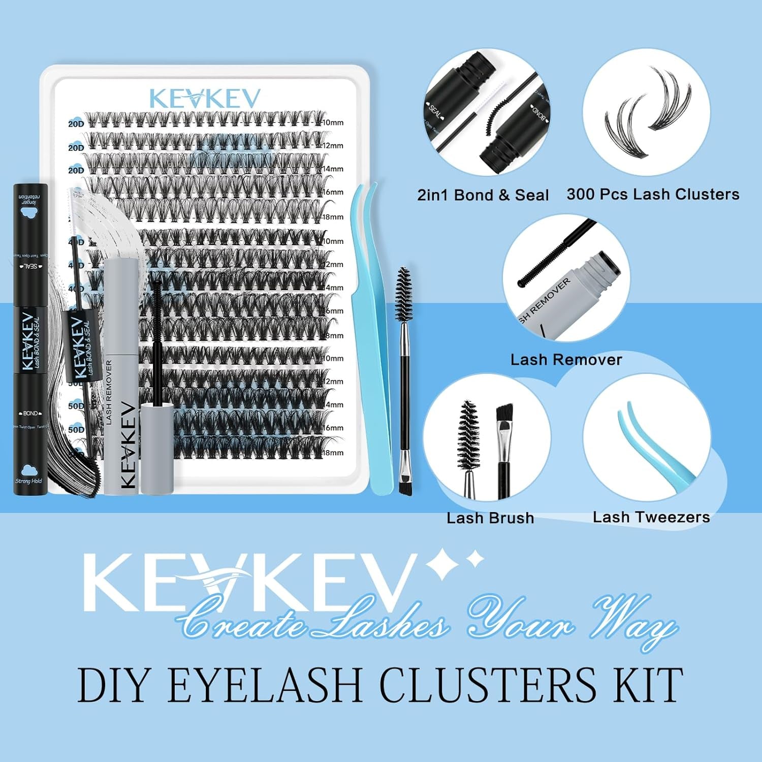 Lash Extension Kit 300Pcs Lash Clusters Kit DIY Eyelash Extension Kit with Lash Bond and Seal Eyelash Remover Lash Applicator Wispy Lashes Look like Extensions(20D+40D+50D, D-10-18Mix)