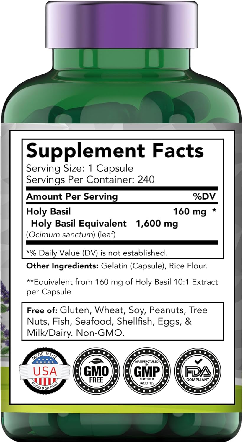 Holy Basil Capsules (1,600 Mg Equivalent - 240 Capsules) | 8 Month Supply | AKA Tulsi | May Promote Stress & Frustration Relief* | Adaptogenic, & Ayurvedic Herb TLBH