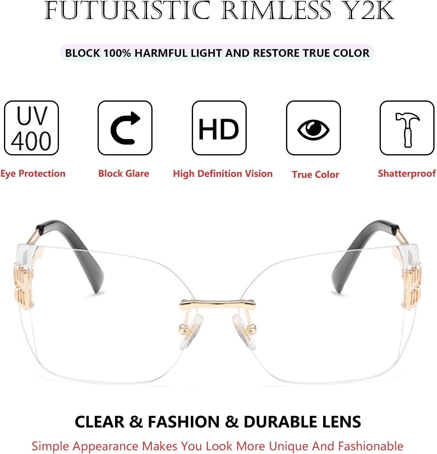 Futuristic Rimless Y2K Sunglasses for Women Men Fashion Wrap around Frame Trendy Shield Frameless Design