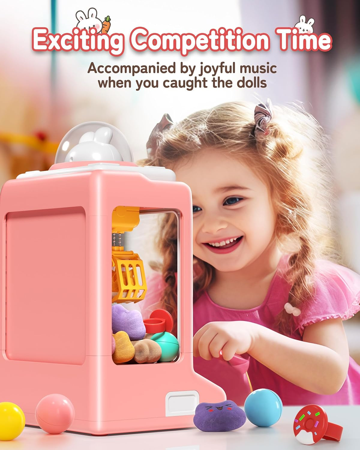 Rabbit Claw Machine for Kids, Mini Vending Machine with Game Coins & Music, Prize Dispenser Toys for Girls and Boys, Electronic Claw Game Machine for Party Birthdays, Includes 30 Mini Toys ZOUSA