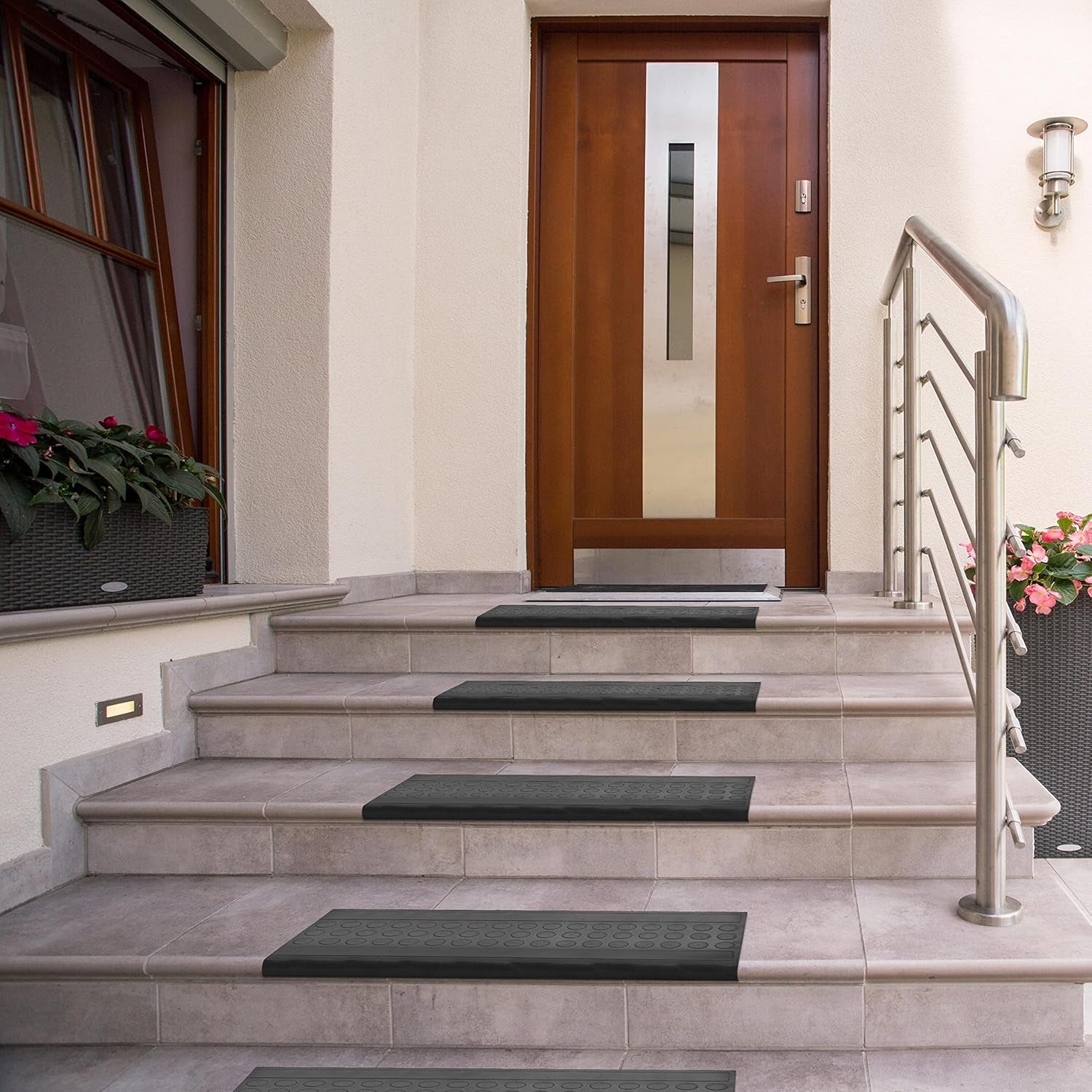 Indoor/Outdoor Hose-Wash Coin Design Non-Slip Rubber 10" X 30" Modern Stair Treads for Stairs, Garage, Patio, 5 Pack, Black Coin