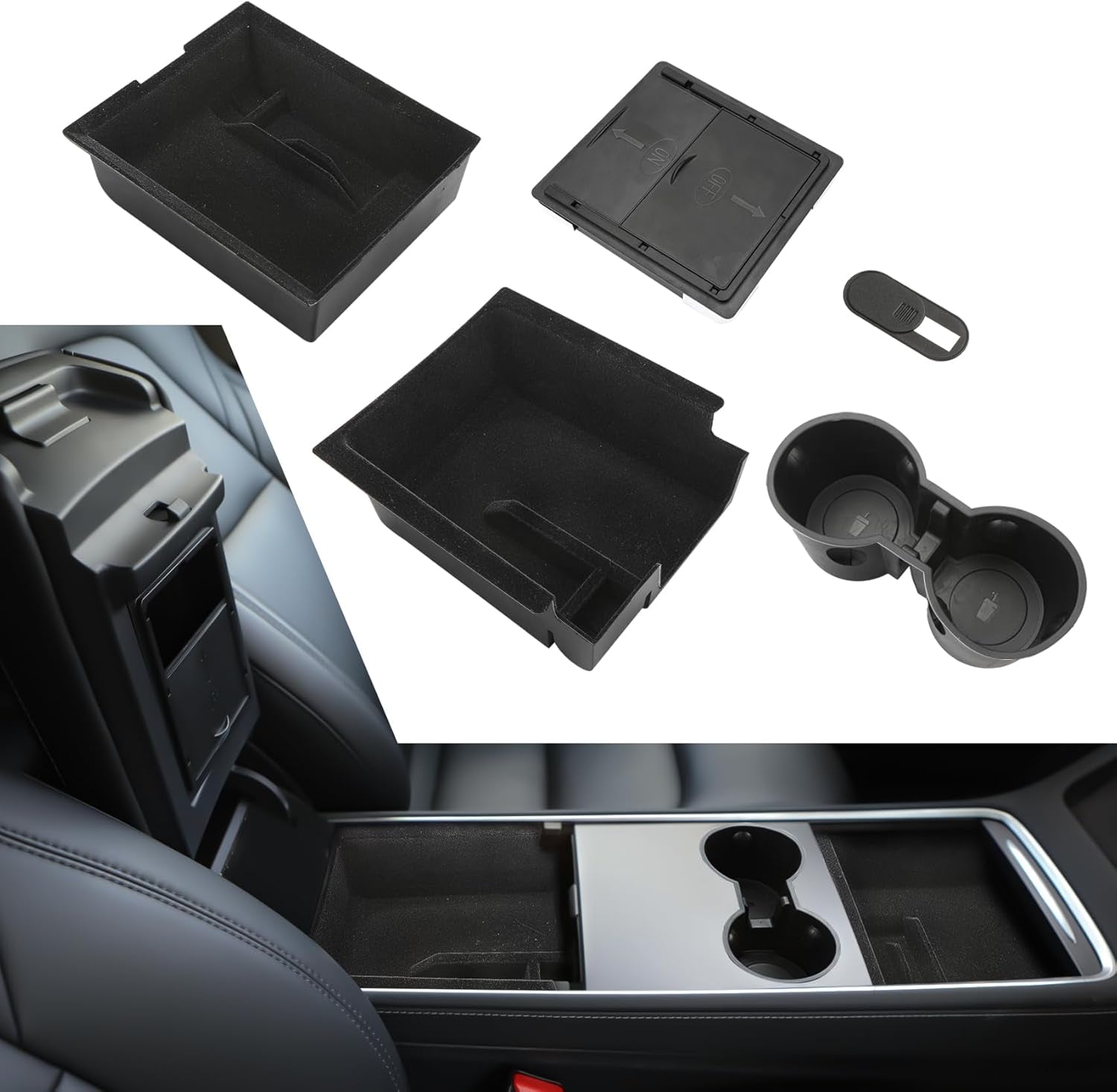 5 PCS 2024 Upgraded Center Console Organizer Tray Set for Tesla Model 3 Model Y Accessories Armrest Hidden Organizer Box Cup Holder Webcam Cover Black