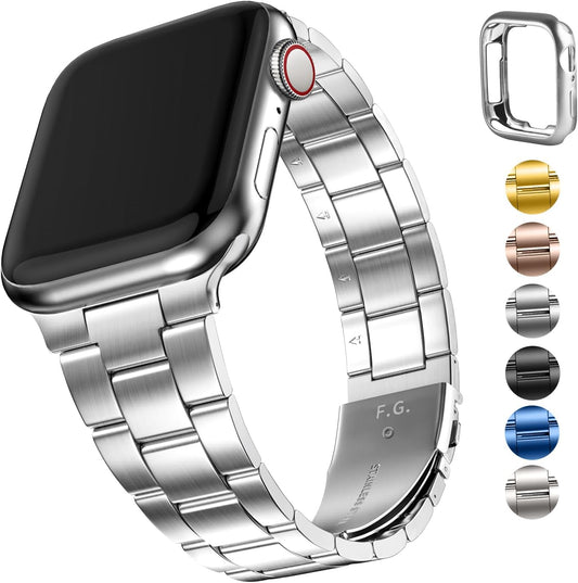 No Tools Needed Compatible Apple Watch Bands 45Mm 44Mm 42Mm,Slim Metal Link Wristband with Case for Iwatch Series 9/8/7/6/5/4/3/2/1/Se2/Se,Silver