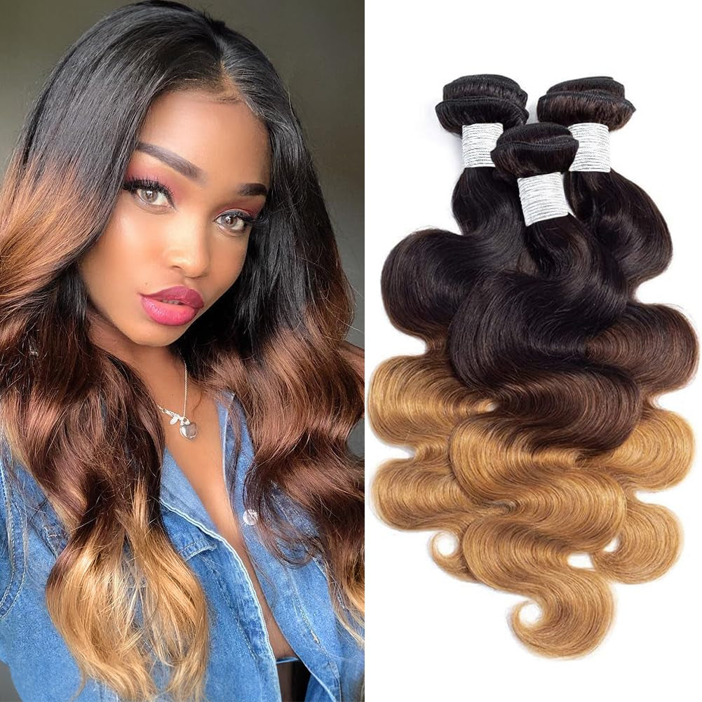 10A Ombre Human Hair Bundles 100% Unprocessed Virgin Human Hair Extensions 3 Tone 1B 4 27 Color Ombre Brazilian Body Wave Hair Bundles for Women