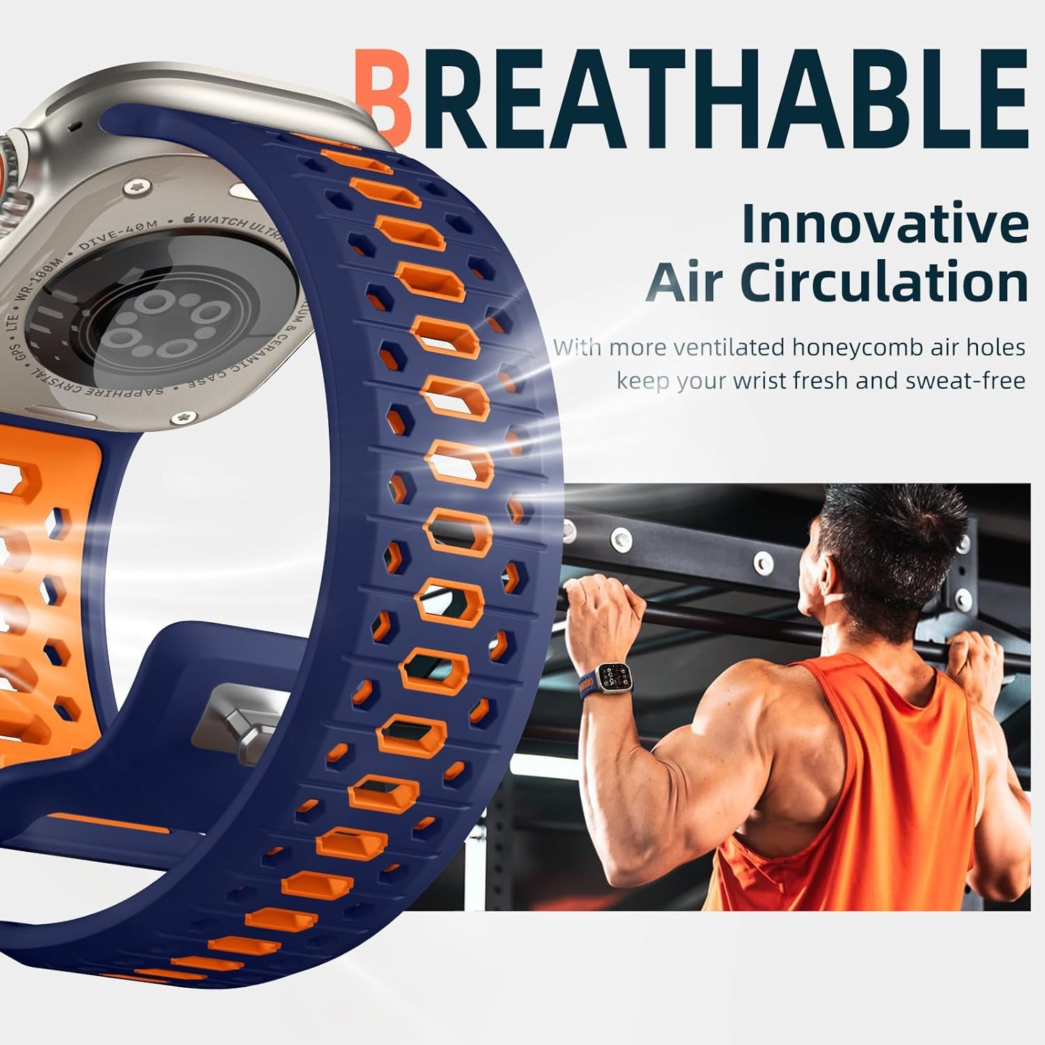 Navy Blue & Orange 26MM Width Breathable Silicone Sport Band Compatible with 49Mm Apple Watch Ultra 2/1, 46Mm Series 10, 45Mm Series 9 8 7, 44Mm Series 6 5 4 SE 2/1, 42Mm Series 3 2 1