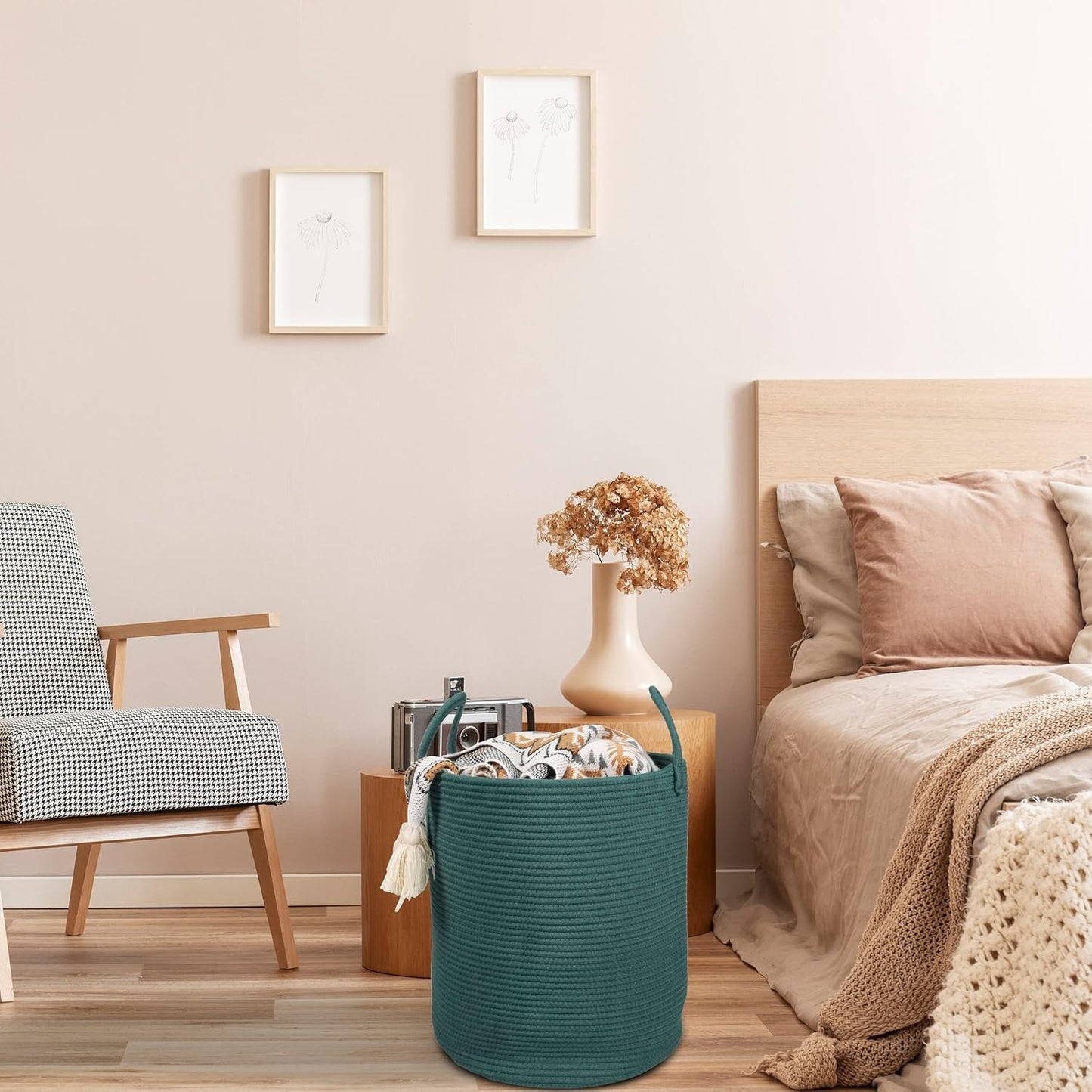 Cotton Rope Laundry Basket Hamper for Clothes Woven Storage Basket for Living Room Bedroom Boho Tall Rope Baskets for Blanket Toys Pillow Towels Baby Nursery Hamper Bin Large Dark Green