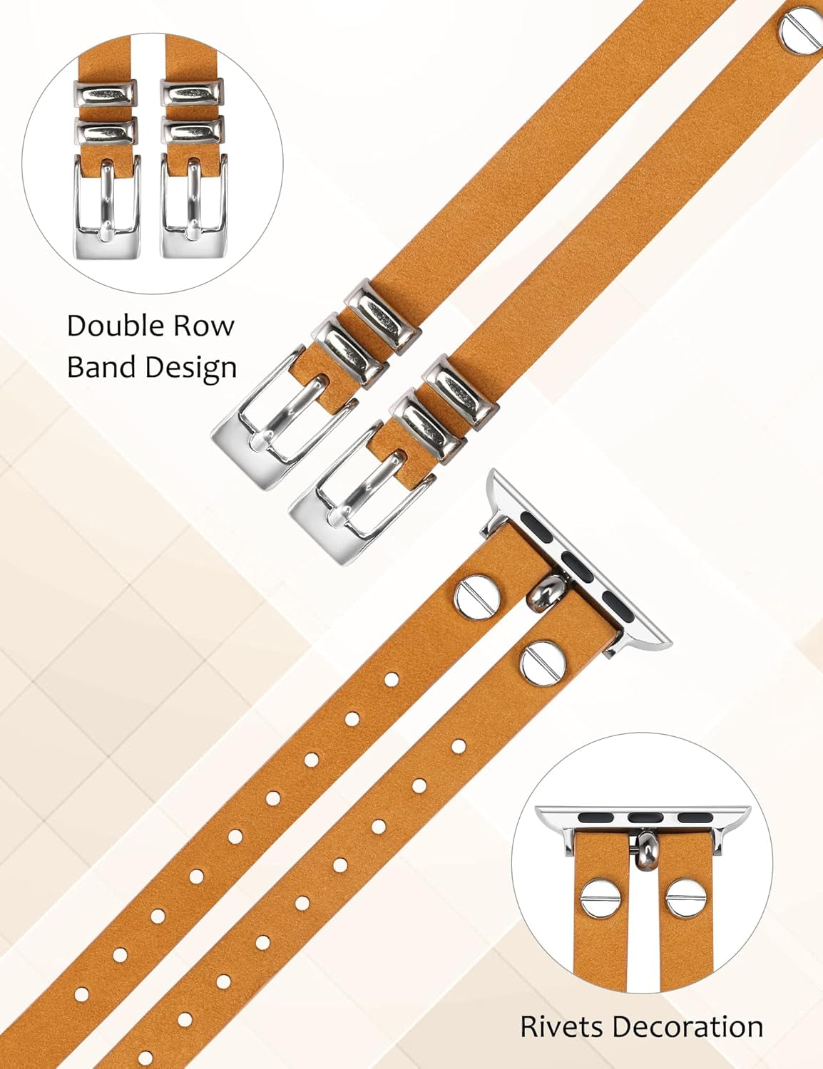 Leather Bands Compatible with Apple Watch Band 38Mm 40Mm 41Mm 42Mm 44Mm 45Mm 49Mm Women, Double-Row Design with Rivets Decoration Strap for Iwatch Series Se/Ultra2/Ultra/9/8/7/6/5/4/3/2/1