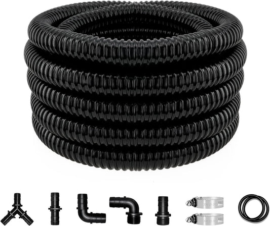 Pond Tubing 1 Inch Diameter, 20.7 Feet Long Corrugated Flexible Hose Pipe with Clamps Pipe Fittings, Pool PVC Tube for Garden Ponds Waterfalls Camping Caravans Filters Drainage Marine