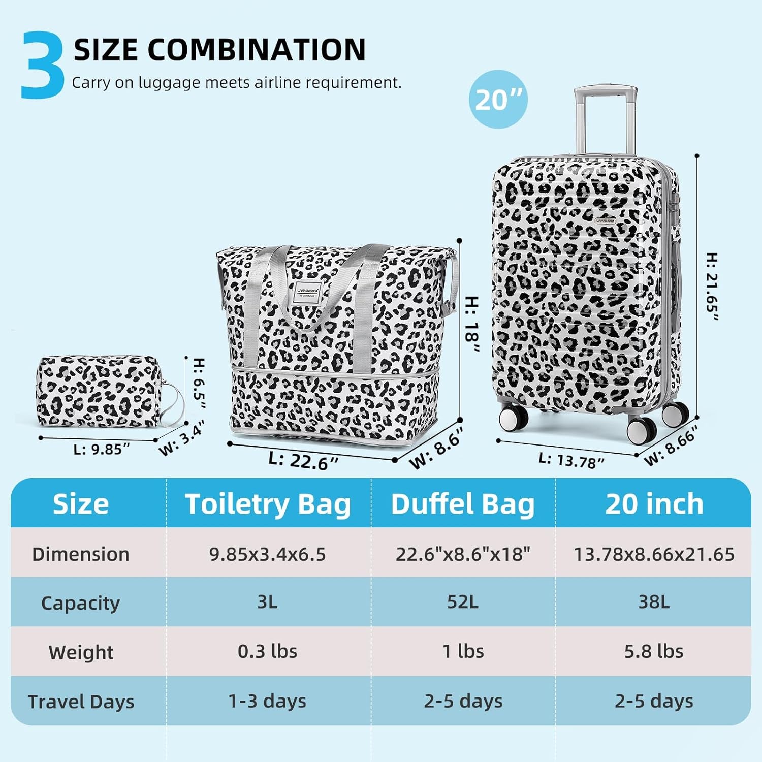 Luggage Sets 3 Piece, Hardside 20 in Carry on Luggage Airline Approved PC+ABS Suitcase Set with Spinner Wheels TSA Lock, Lightweight Rolling Suitcase for Men and Women, Leopard