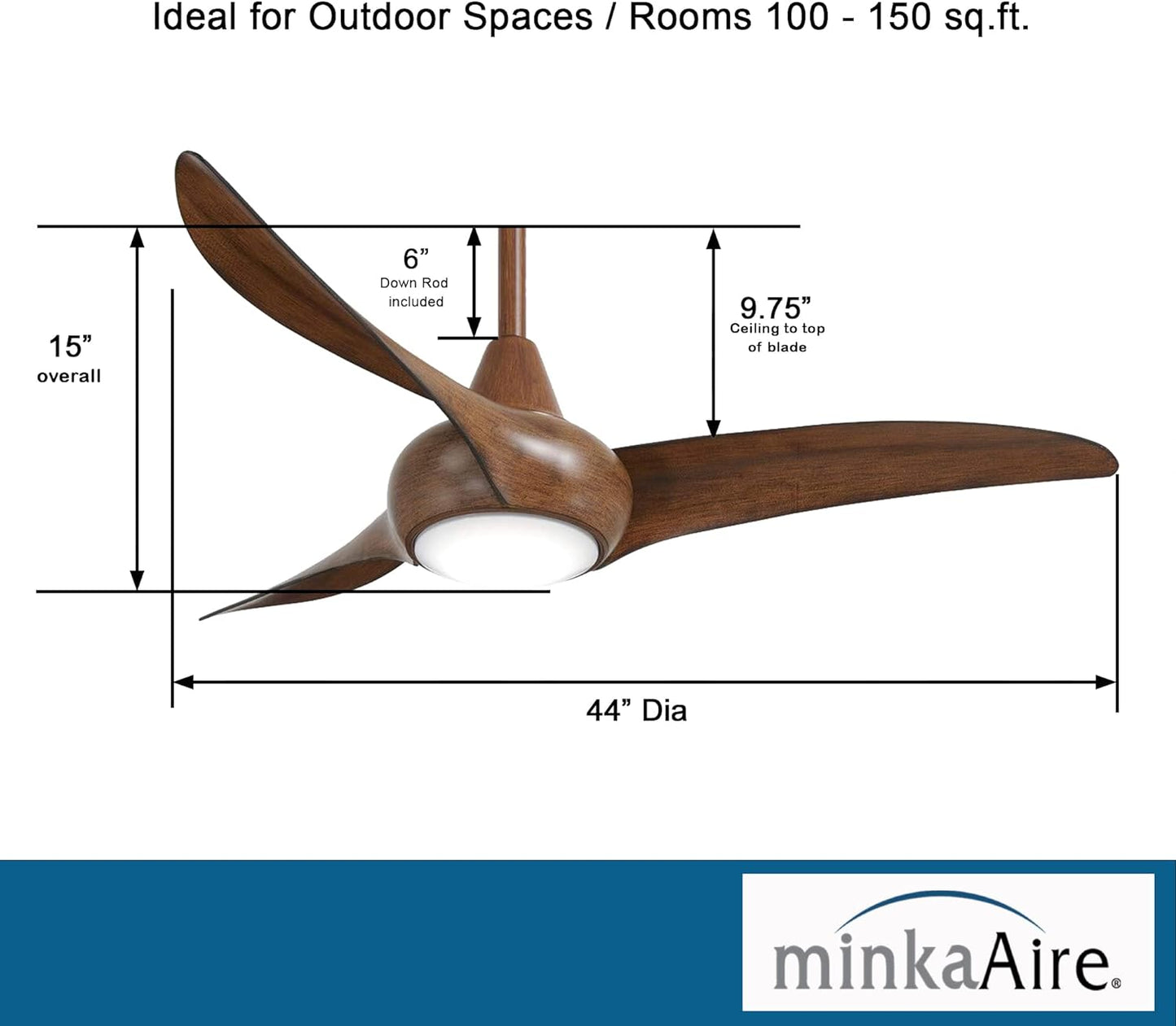 F845-DK Light Wave 44 Inch Ceiling Fan with LED Light and Remote Control, Brown Distressed Koa Finish