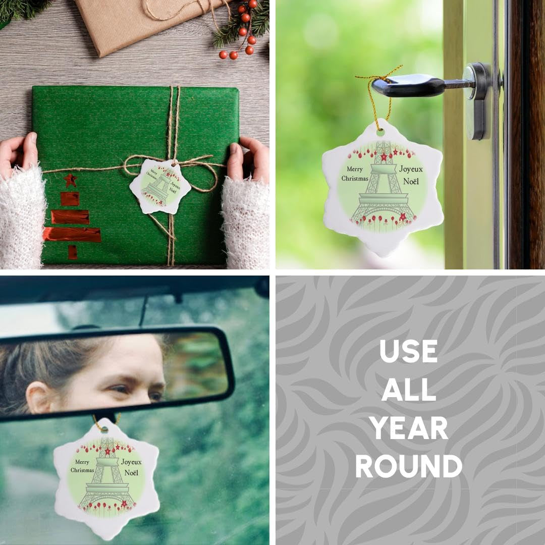 ORN_57236_1 Joyeux Noel Merry Christmas in French Eiffel Tower Snowflake Porcelain Ornament, 3-Inch