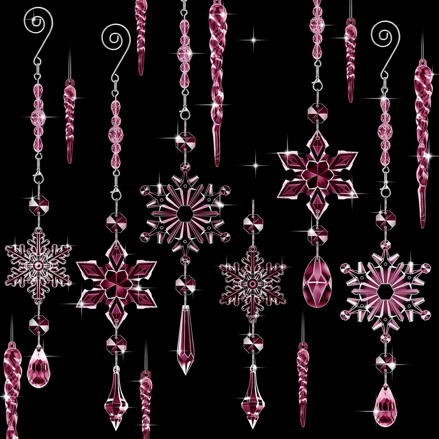 32 Pcs Crystal Christmas Ornaments Crystal Hanging Snowflakes Acrylic Xmas Tree Icicle Drop Crystal Decorations with Hooks for Christmas Snow Party Winter (Pink)