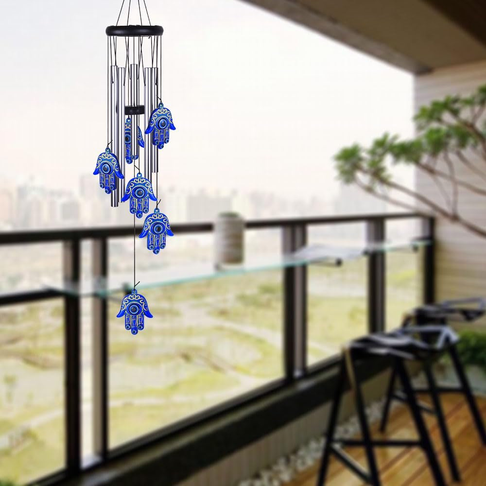 Blue Evil Eye Hamsa Hand Wind Chimes Outdoor Decoration, Hand of Fatima Windcatcher, Evil Eye Wind Bells, Hand of Fatima Blue Evil Eye Amulet Wind Chimes for Home, Gift for Mom, Balcony, Patio, Garden