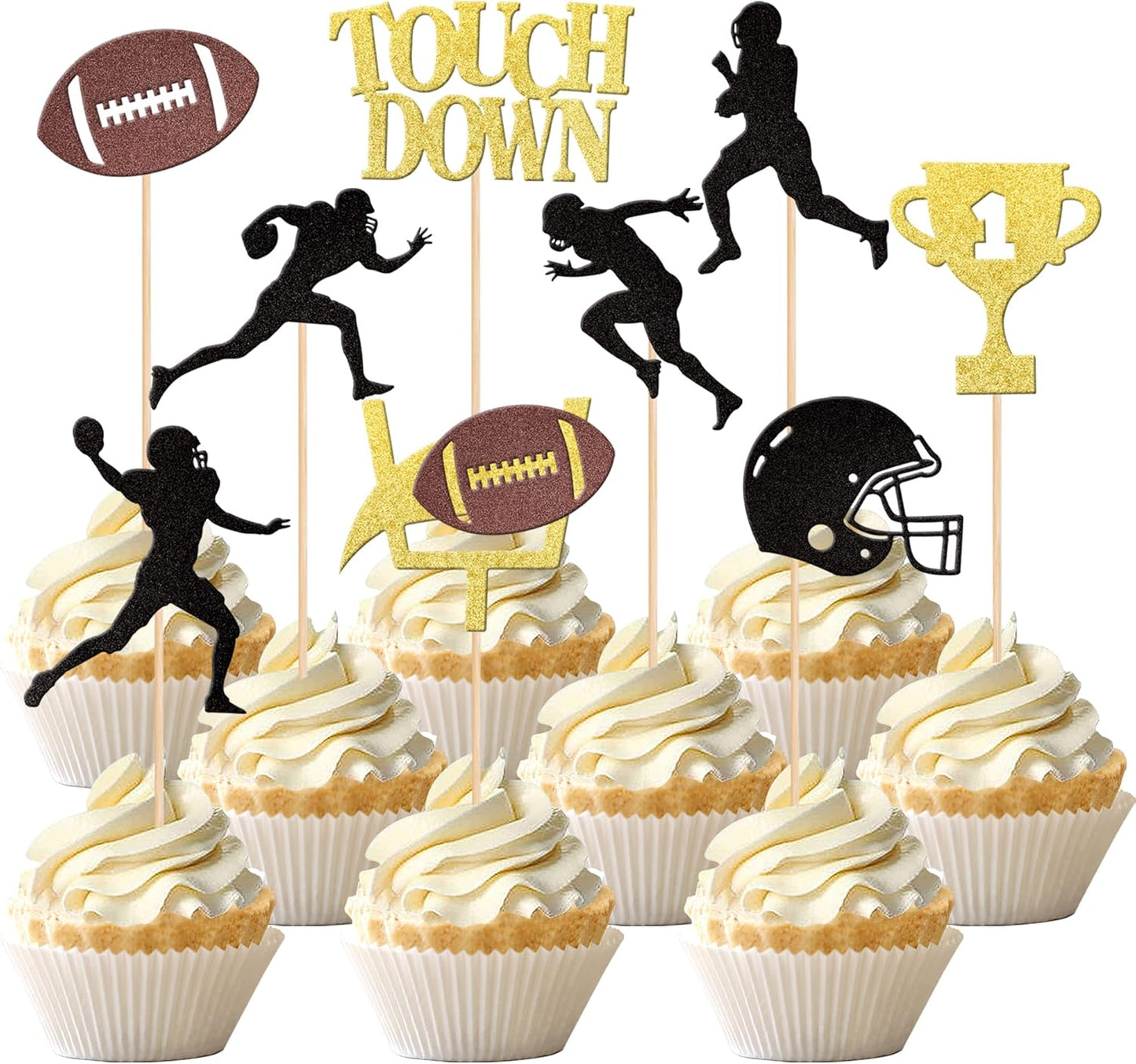 36 PCS Rugby Ball Cupcake Toppers Glitter Trophy Amecian Football Cupcake Picks Touchdown Player Cake Decorations for Super Bowl Rugby Sports Theme Baby Shower Kids Birthday Party