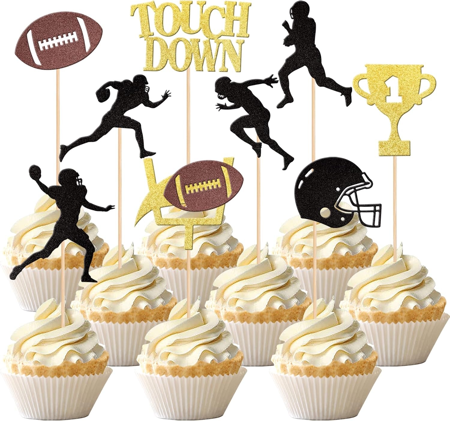 36 PCS Rugby Ball Cupcake Toppers Glitter Trophy Amecian Football Cupcake Picks Touchdown Player Cake Decorations for Super Bowl Rugby Sports Theme Baby Shower Kids Birthday Party
