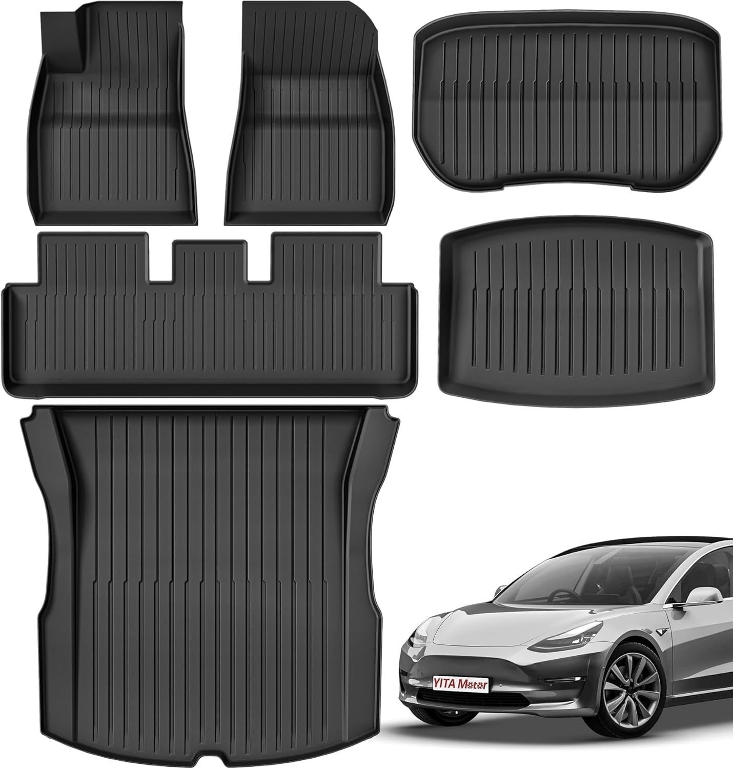 Floor Mats Fit for 2024 2025 Tesla Model 3 Highland, 2 Rows & Cargo Liner Set, Full Cover Car Mats with Front Rear Cargo Mat TPE All-Weather Floor Mats Model 3 Accessories 2024 Full Set