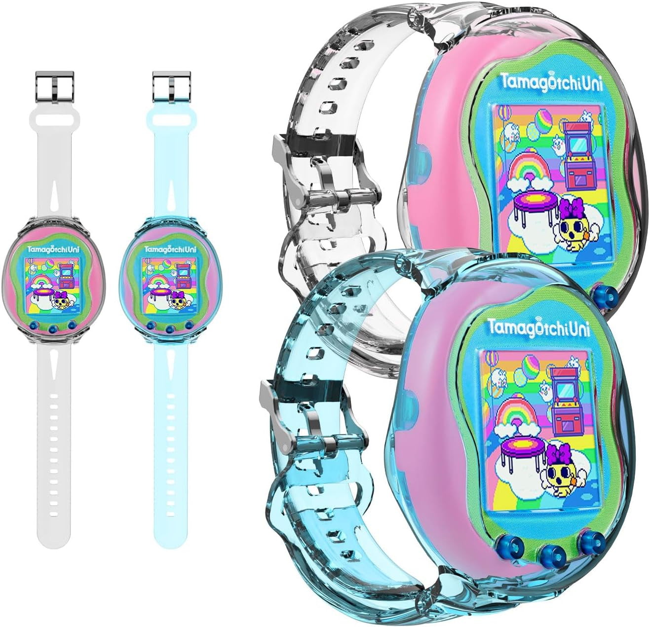Wristband for Tamagotchi Uni [2Pack], TPU Bracelet Holder Compatible with Tamagotchi Uni, Adjustable TPU Protective Tamagotchi Uni Case for Kids Teen Adults 6.3-8.85" (Purple+Pink) ZOUSA