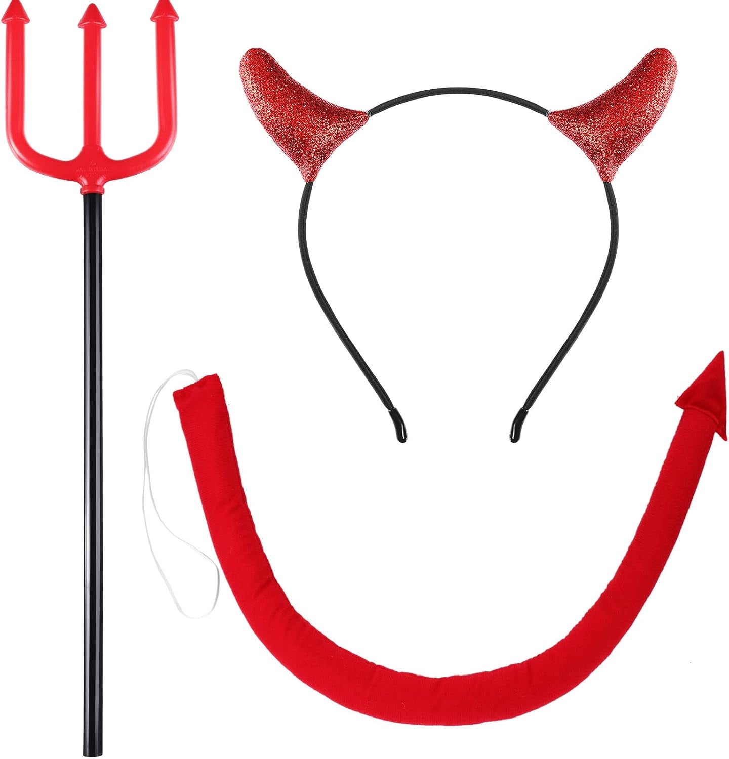 2 Sets Halloween Devil Costume Suit Glitter Devil Horn Headband Devil Tail Devil Fork Halloween Costume Accessories