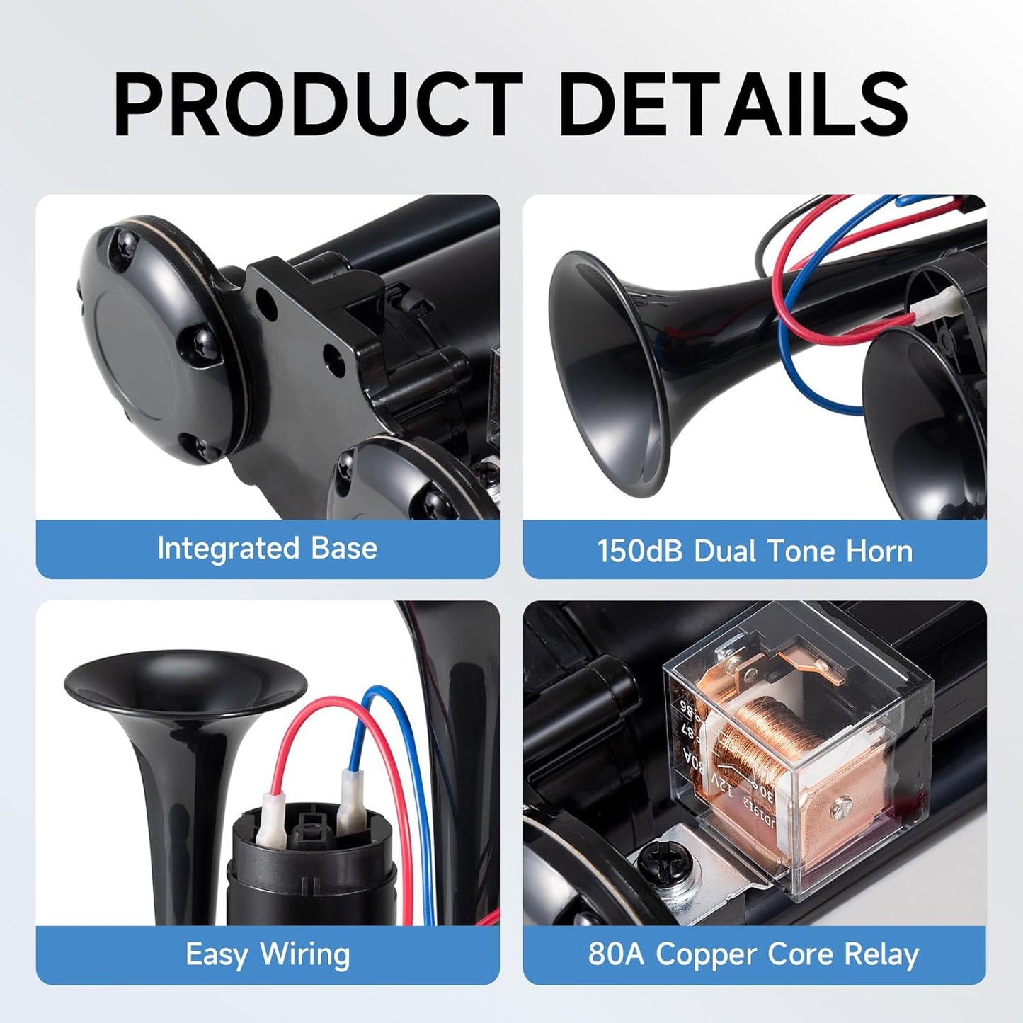 Electric Air Horn for Truck 150Db Super Loud Black Horns Dual Trumpet with Compressor for Any 12V Vehicles Trucks Motorcycle Pickup Trains Cars Boats (Black Integrated Air Horn) TRUCK DRIVER