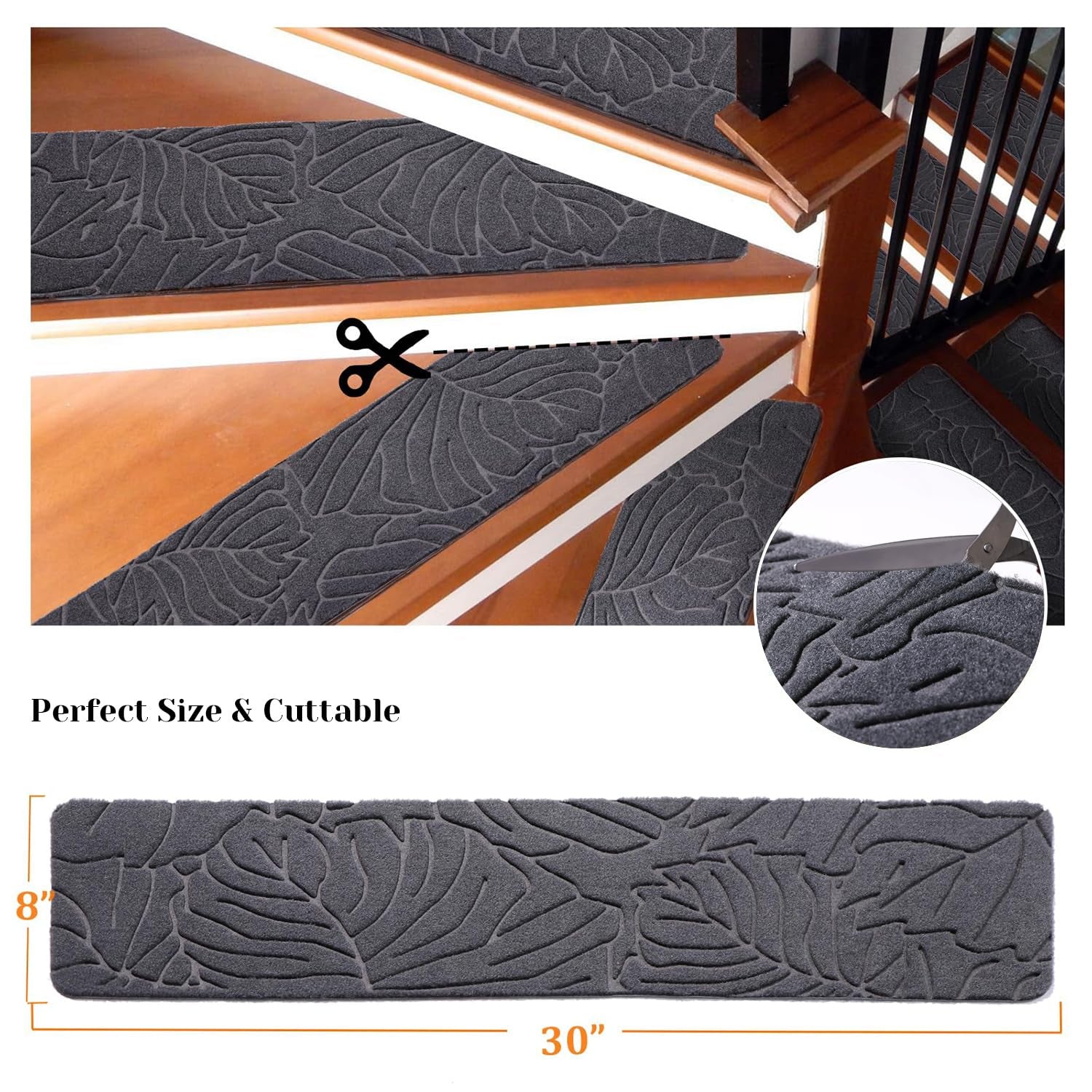 Stair Treads for Wooden Steps, 8" X 30" Non Slip Carpet Stair Treads Set of 15 Indoor Carpet Mat Stair Runners Stair Rugs for Kids Elders and Pets with Reusable Adhesive, Grey