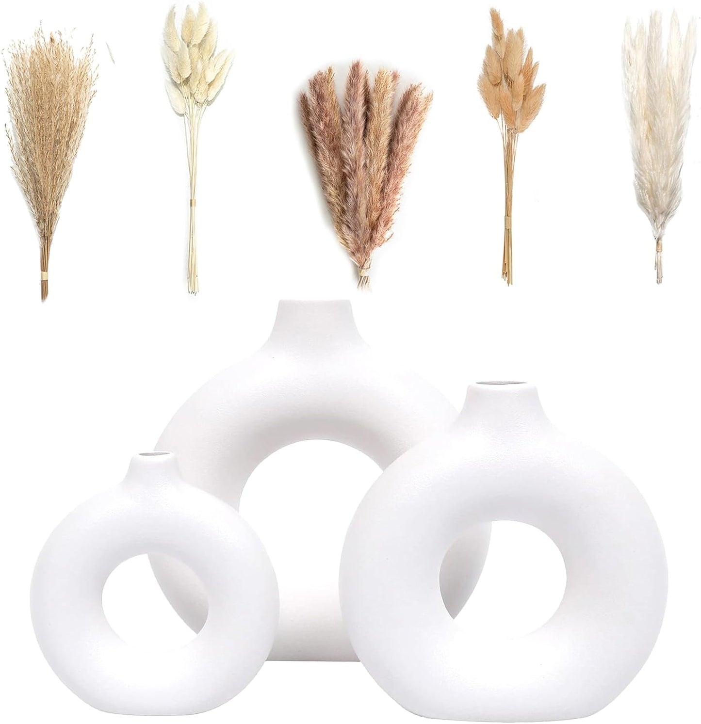 Set of 3 White Ceramic Vase with 65 PCS Dried Pampas Grass Flowers Aesthetic Boho Modern Small round Cute Vases for Decor Living Room Coffee Table Shelf Bedroom Office Desk Home Gifts Women Mom