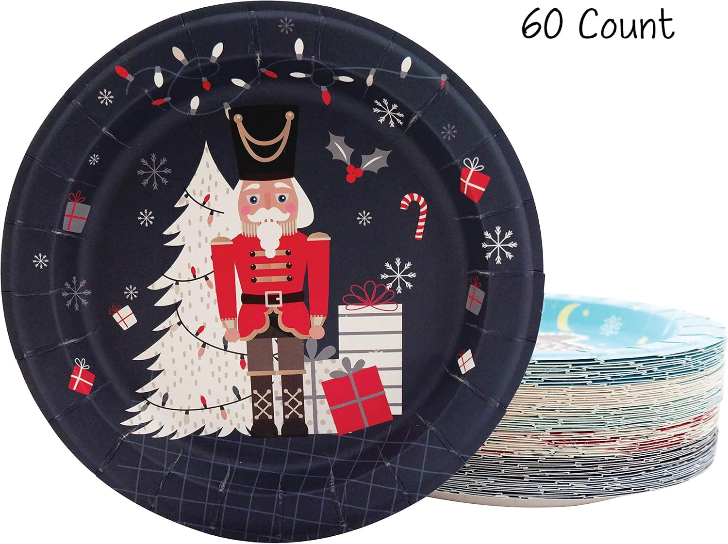 Paper Plates - 60-Count 8" X 8" Disposable Christmas Party Supply Dessert Plates in 6 Designs - Reindeer, Santa, Polar Bear, Elf, Gingerbread House, Nutcracker