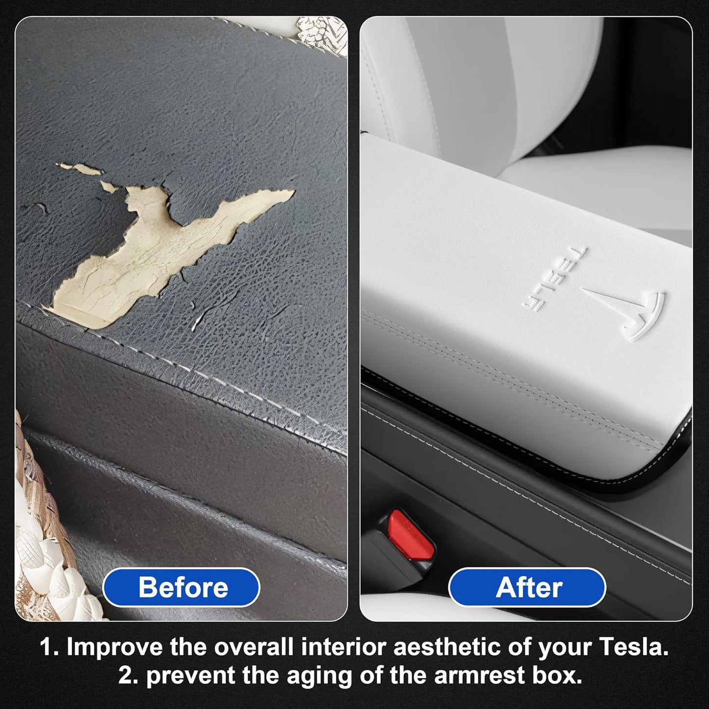Armrest Cover Designed for Tesla Model 3/Y 2017-2023 2024,Leather Center Console Cover for Tesla Model 3/Y Interior Accessories White