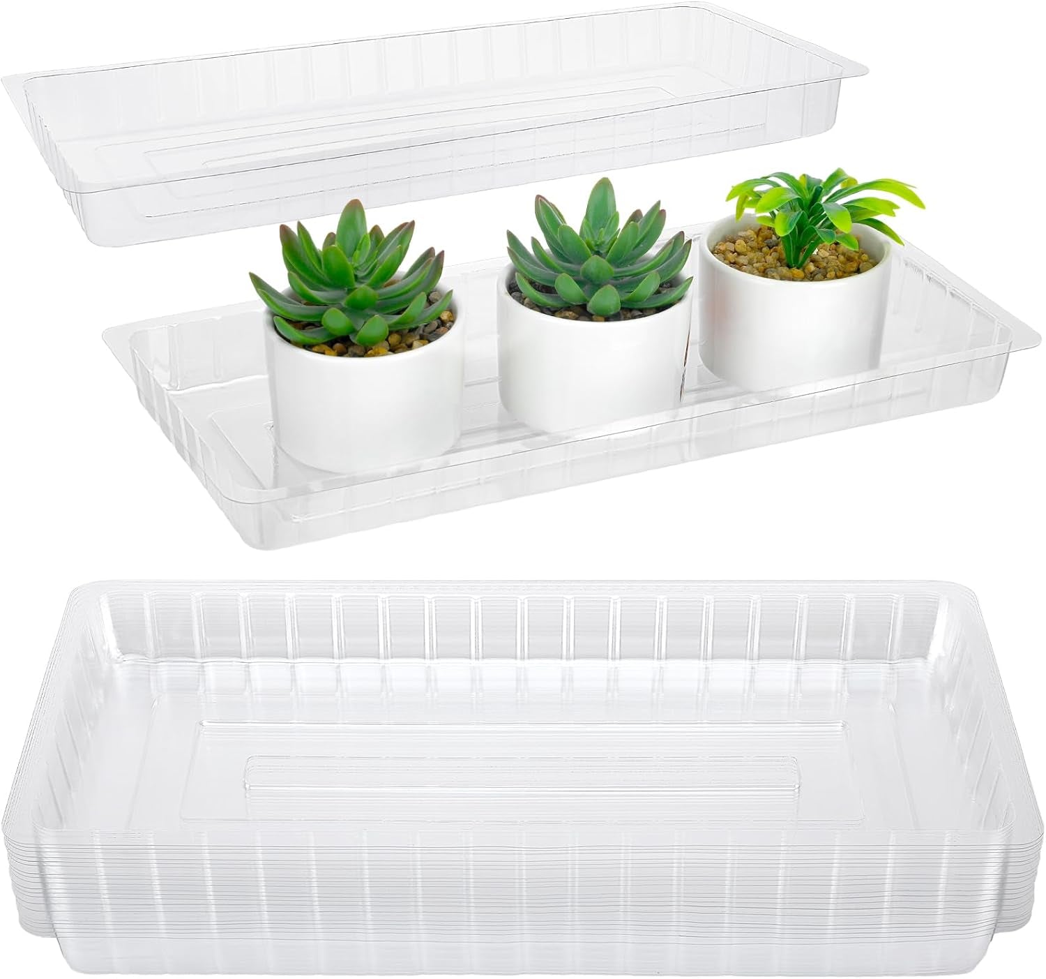 20 Pcs Clear Plastic Plant Saucer Rectangular Plant Drip Trays Transparent Thick Heavy Duty Plastic Liners for Planters for Indoors Outdoors Flower Pots Window Sills Window Shelf, 14" X 6"