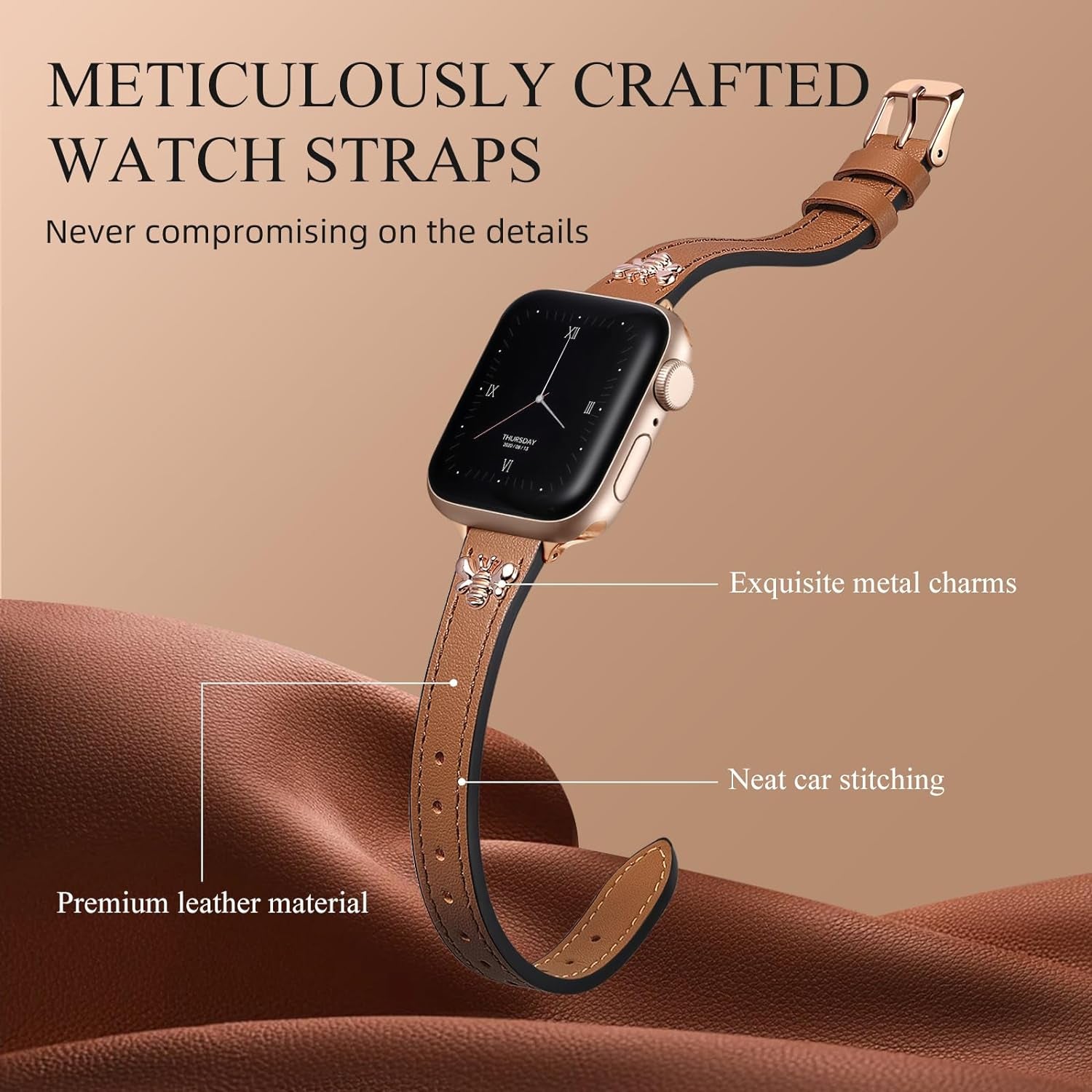 Slim Leather Band Compatible with Apple Watch Bands for Women 40Mm 41Mm 38Mm 42Mm 44Mm 45Mm, Top Grain Genuine Soft Leather Band with Charms for Iwatch Bands Women Series SE 9 8 7 6 5 4 3 2 1