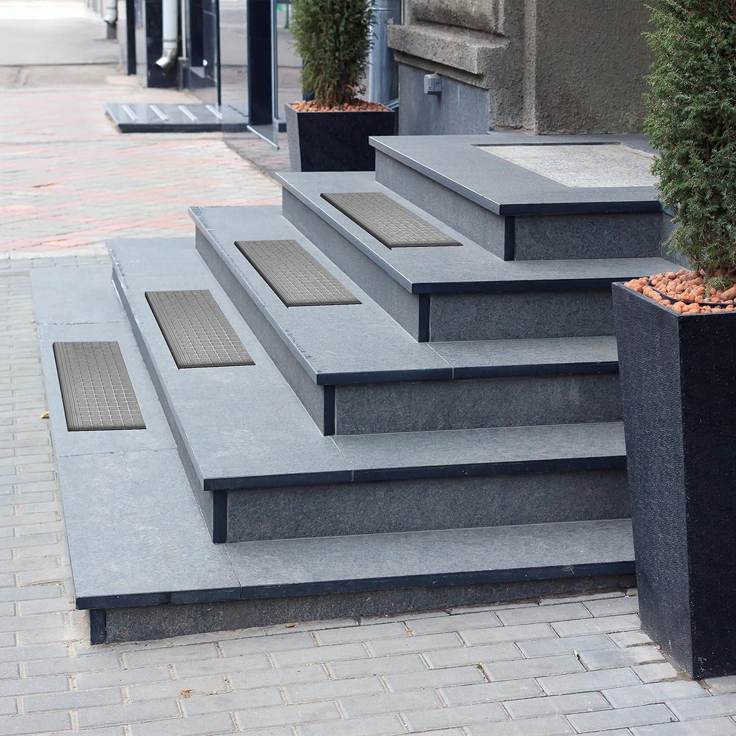 Indoor/Outdoor Hose-Wash Square Edge Design Non-Slip Rubber 10" X 25.5" Modern Stair Treads for Stairs, Garage, Patio, 5 Pack, Black