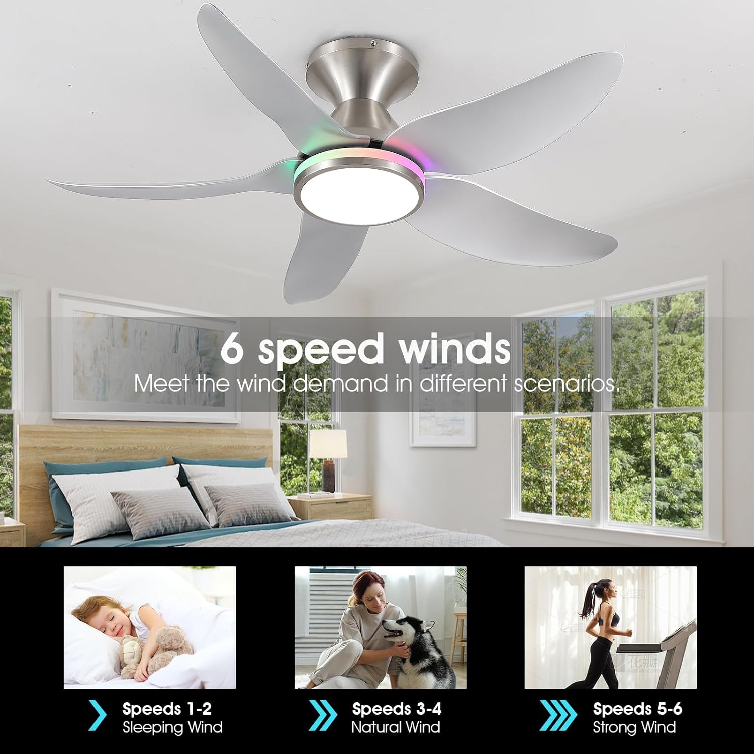Ceiling Fans with Lights Remote/App Control, 38" Low Profile Ceiling Fans with Dimmable White Colors+Rgb Ring Lights, 6 Speeds 5 Reversible Blades for Kids Room Bedroom Living Room, Nickel