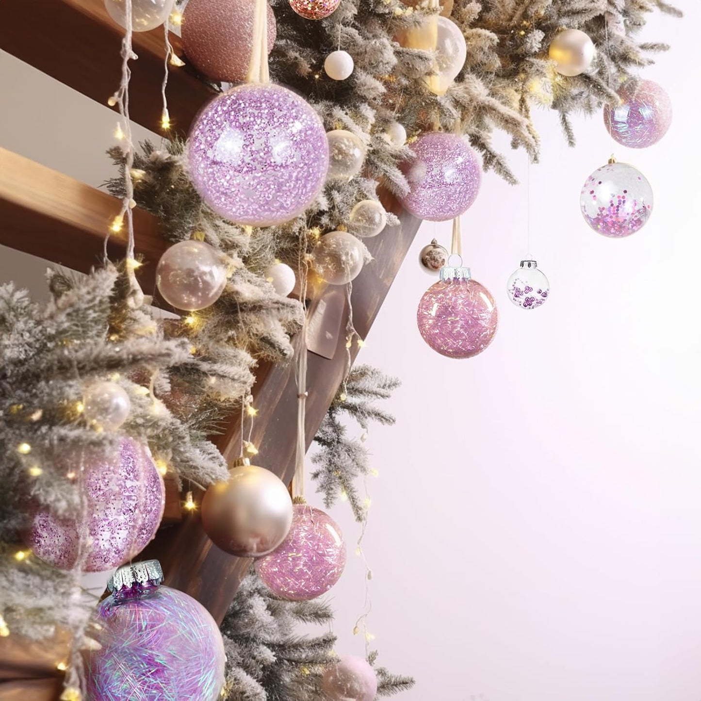 24Ct Clear Christmas Ball Ornaments, 2.76''/70Mm Shatterproof Hanging Xmas Balls Baubles Set for Christmas Tree with Stuffed Delicate Decorations for Wedding Christmas (Pink)