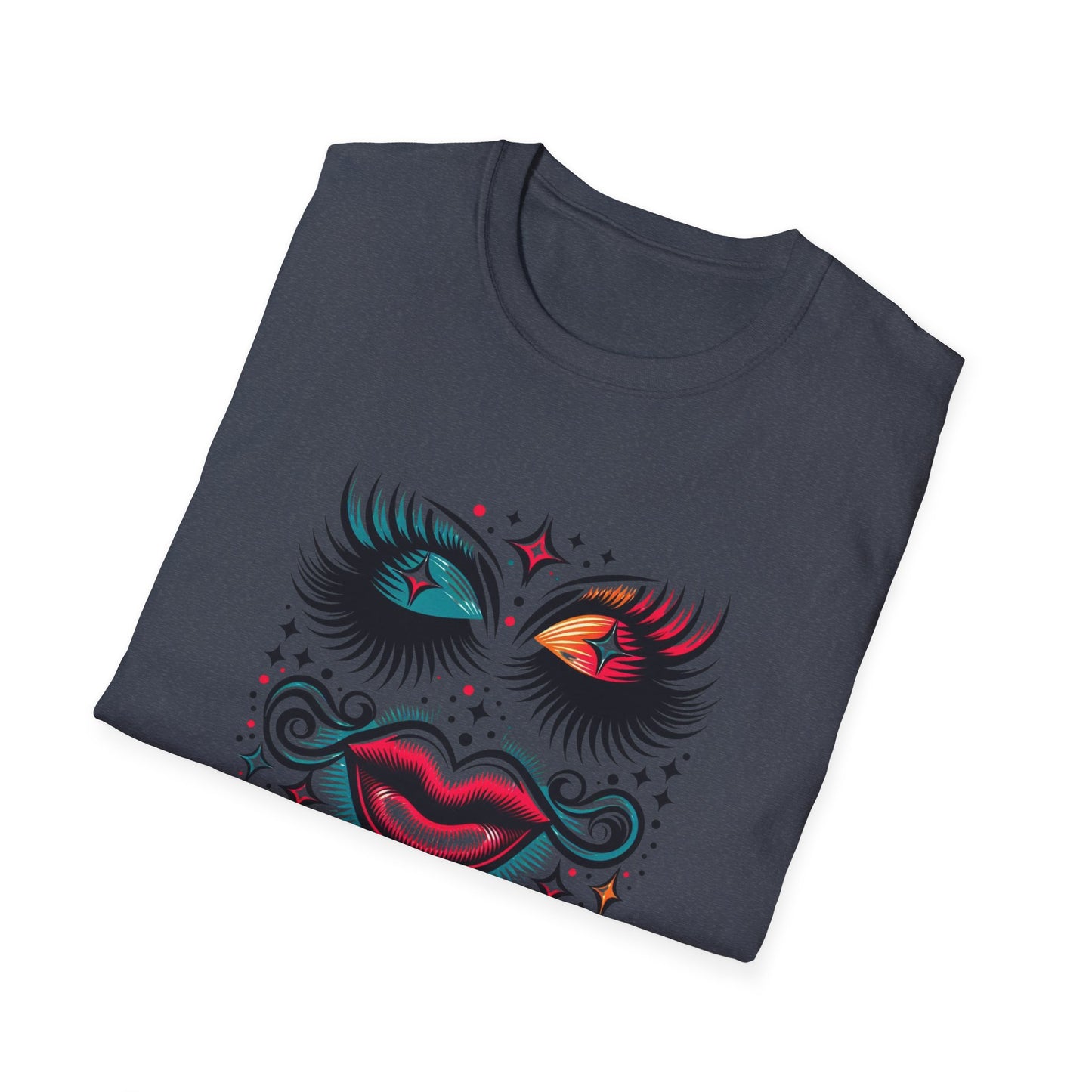 LASHES Vibrant Face Graphic T-Shirt - Unisex Softstyle Tee for Festivals & Celebrations