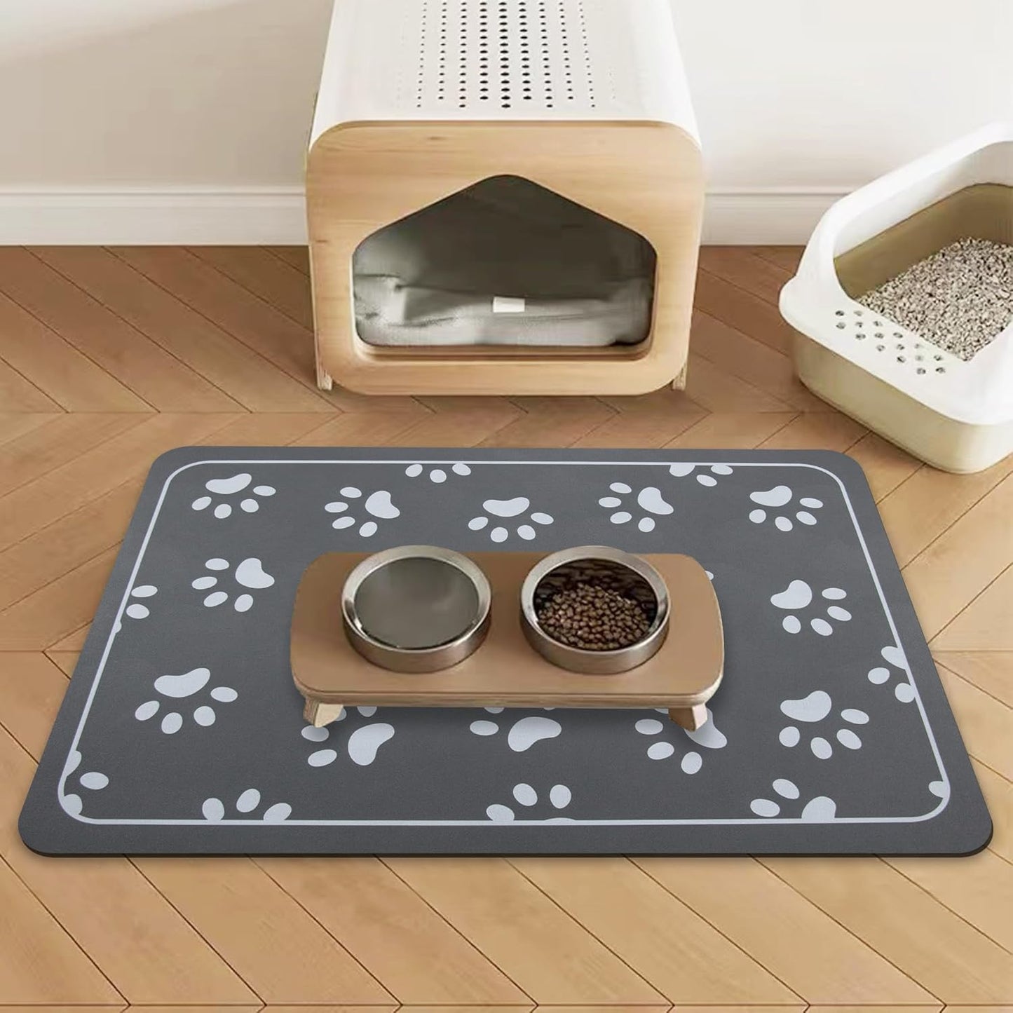 Dog Bowl Mat and Dog Feeding Mat, Dog Mat for Water Bowl, Absorbent Non-Slip Pet Water Bowl Mat Quick Drying Dog Food Mat Cat Matt for Food and Water(Brown+24.2X16.9In+Rectangular)