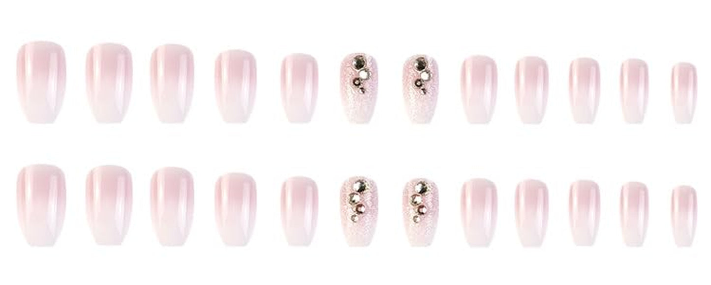Press on Nails Medium Coffin Nude Natural Rhinestone Gradient Pink Glitter Fake Nails Acrylic False Nail Tips Kit Glue on Nails for Women