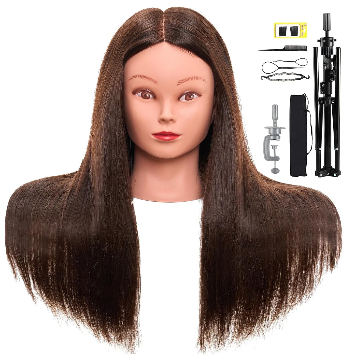 100% Mannequin Head Human Hair,18” Dark Brown Mannequin Head with Stand,Real Hair Braiding Cosmetology Manikin Head with Mannequin Head Stand,Doll Head for Hair Styling Training with Table Clamp