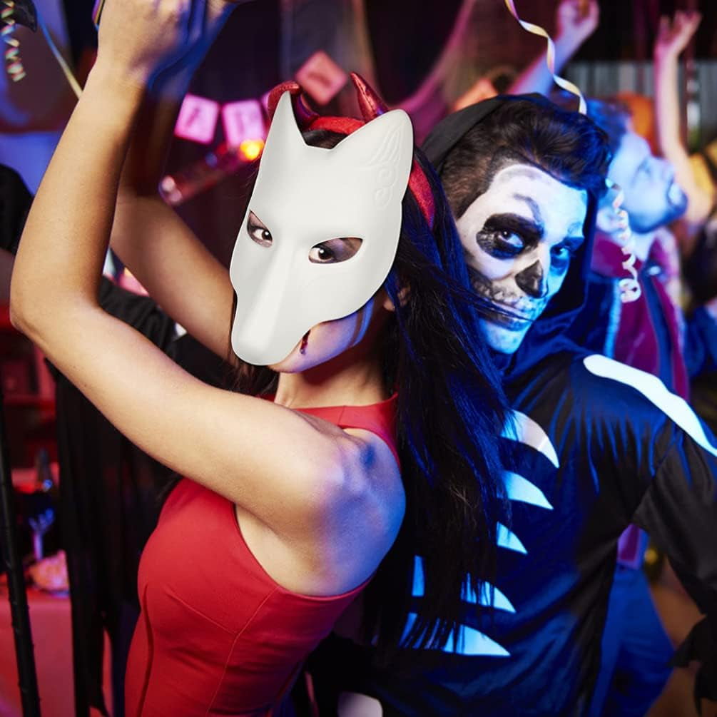 Blank Fox Mask, 2Pcs Halloween Fox Mask DIY Blank Mask Fox Japanese Kabuki Masks White Paintable Mask for Halloween Masquerade Costume Prop