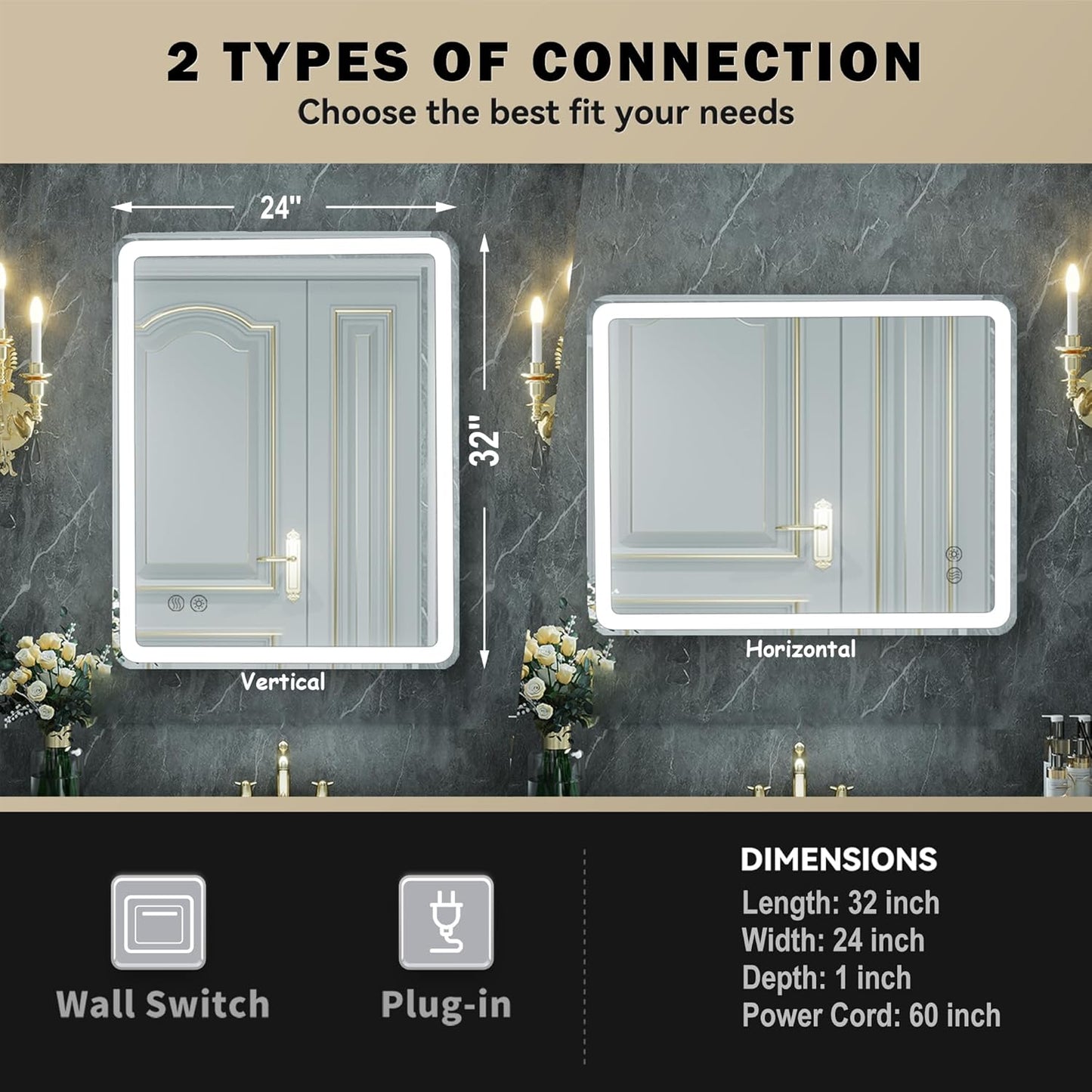 LED Bathroom Mirror with Lights, 24"X32" Frameless Wall Vanity Mirror with Front and Backlit, Stepless Dimmable, Anti-Fog, Waterproof, Memory Smart Mirror for Bathroom