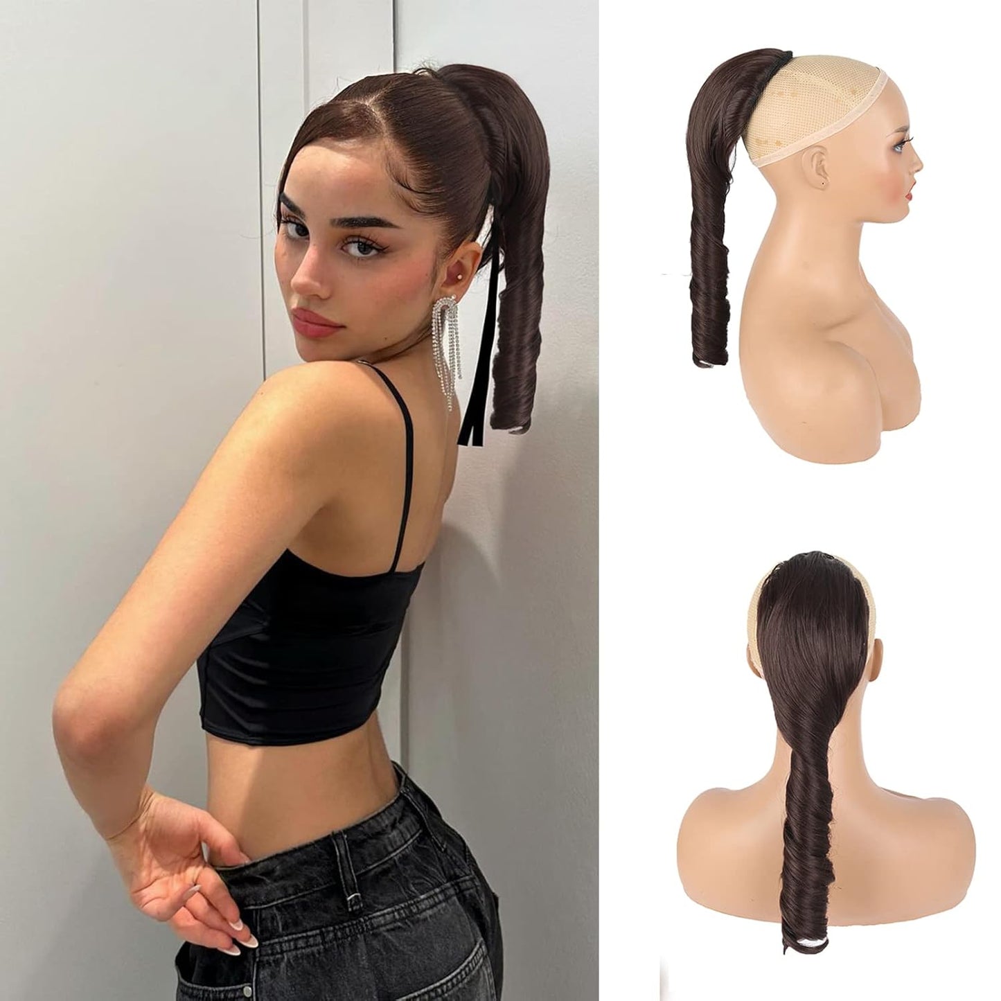 Brown Curly Drawstring Ponytail Extension for Black Women, 14 Inch Short Spiral Curl Drawstring Ponytail for Black Women Brown Wavy Hair Extensions Ponytails Clip in Ponytail Hair Extensions