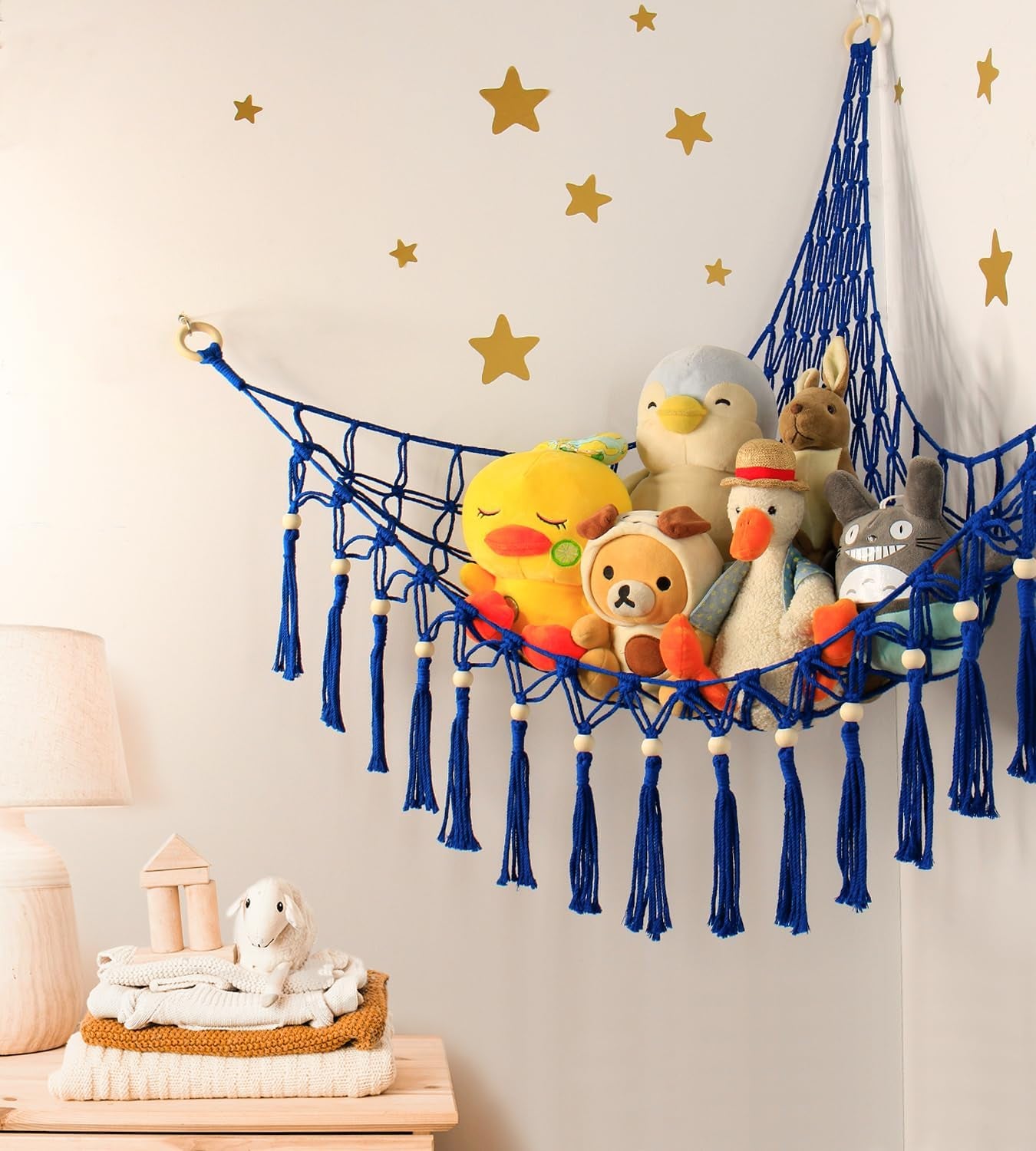 Stuffed Animal Toy Storage Hammock with LED Light-Macrame Jumbo Doll Room Organizer Mesh Decoration-Hanging Storage Nets Kids Bedroom(Blue Beads)