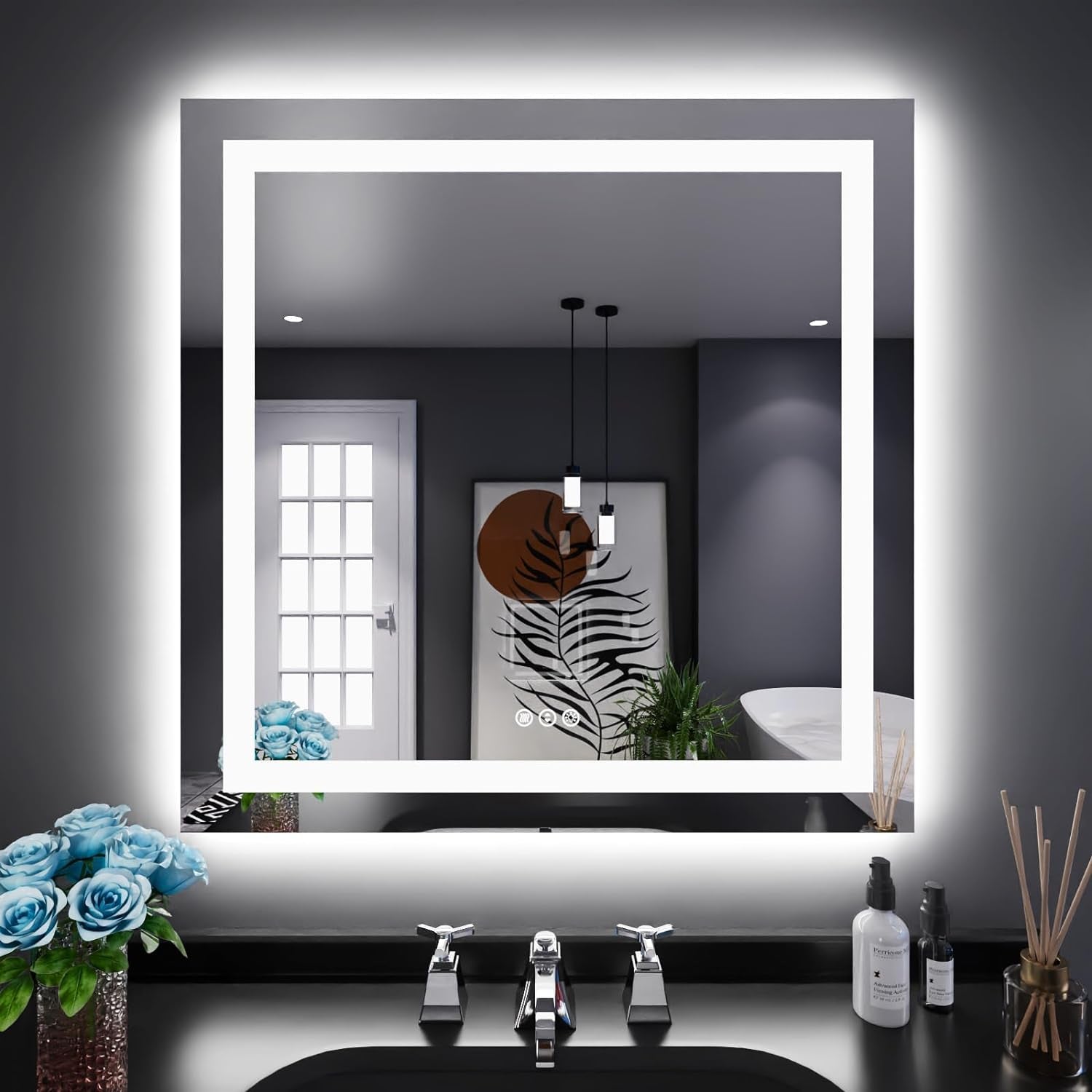 60”X30“ RGB LED Bathroom Mirror with Lights for Bathroom, Anti-Fog, Dimmable，Multiple Light Modes, RGB Backlit + Front Light, Memory Function, Tempered Glass
