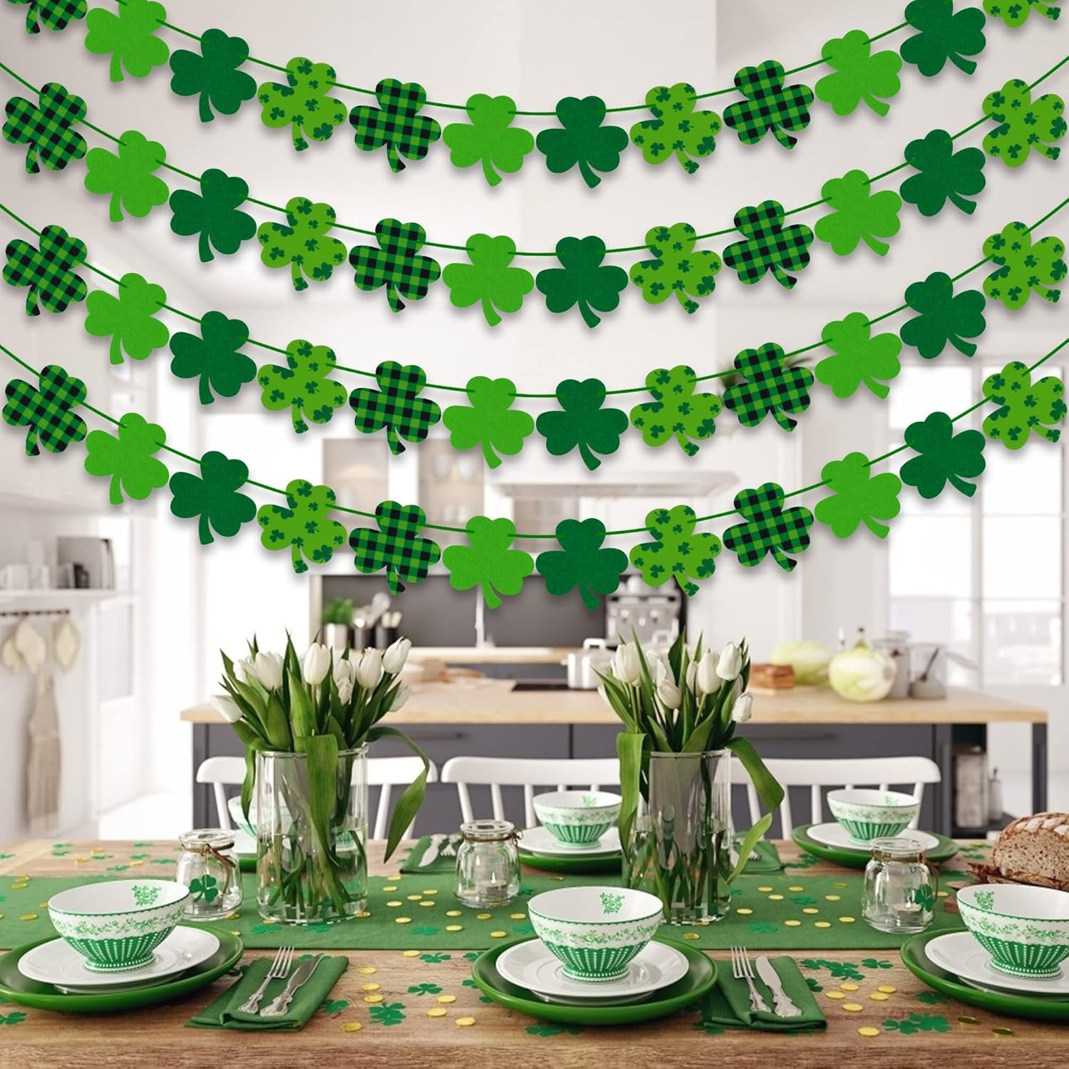 4PCS Felt Shamrock Clover Garland Banner - NO DIY, St. Patrick'S Day Decorations - Buffalo Plaid Dark Green Light Green Happy St. Patrick'S Day Banner for Home Mantel Office Irish Day Party Supplies