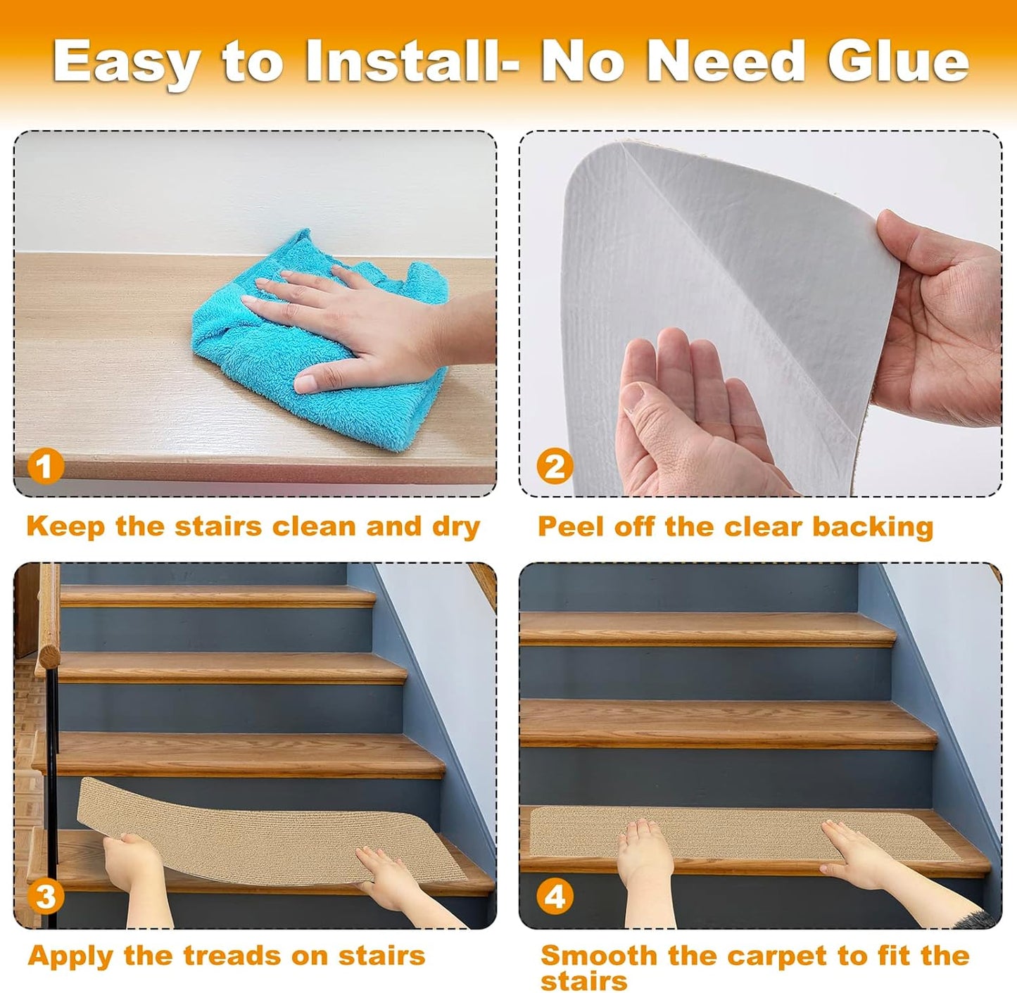 8X30In 15PCS Non-Slip Stair Treads Carpet, Self-Adhesive Stair Treads for Wooden Steps, Indoor Safety Staircase Step Treads, anti Slip Stair Runner Mats for Elders, Kids and Dogs (Beige)