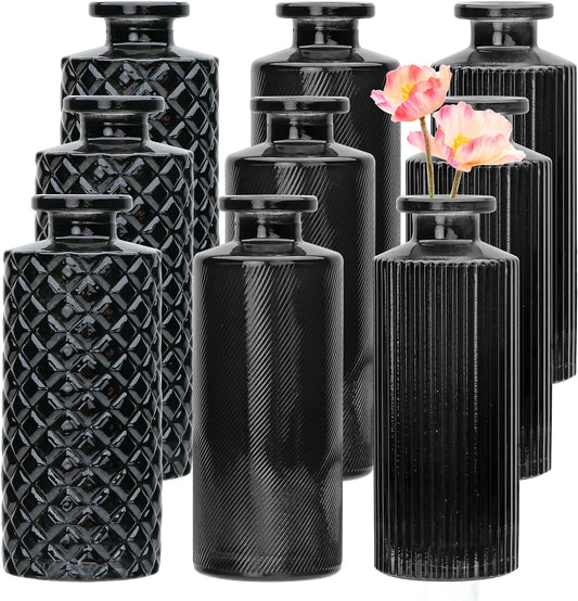 Glass Bud Vase Set in Bulk, 9Pcs Mini Vintage Flower Vases for Wedding,Black Relief Vase for Centerpieces,Home Table Flower Decor, Party Decorations