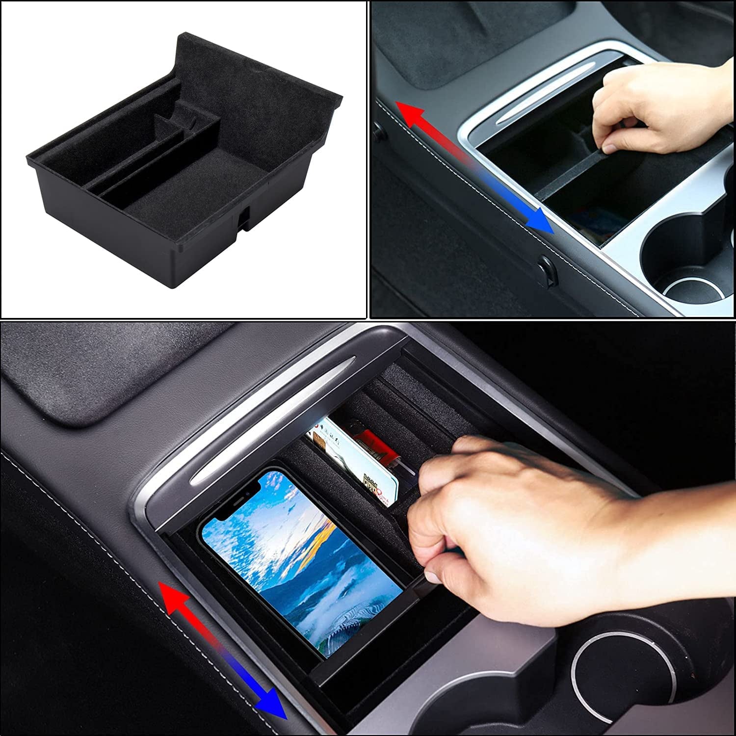 4 PCS Center Console Organizer Tray and Cup Holder Insert Compatible with 2021-2023 Tesla Model 3Y, Flocked/Silica Rubber Armrest Hidden Cubby Drawer Storage Box Interior Accessories