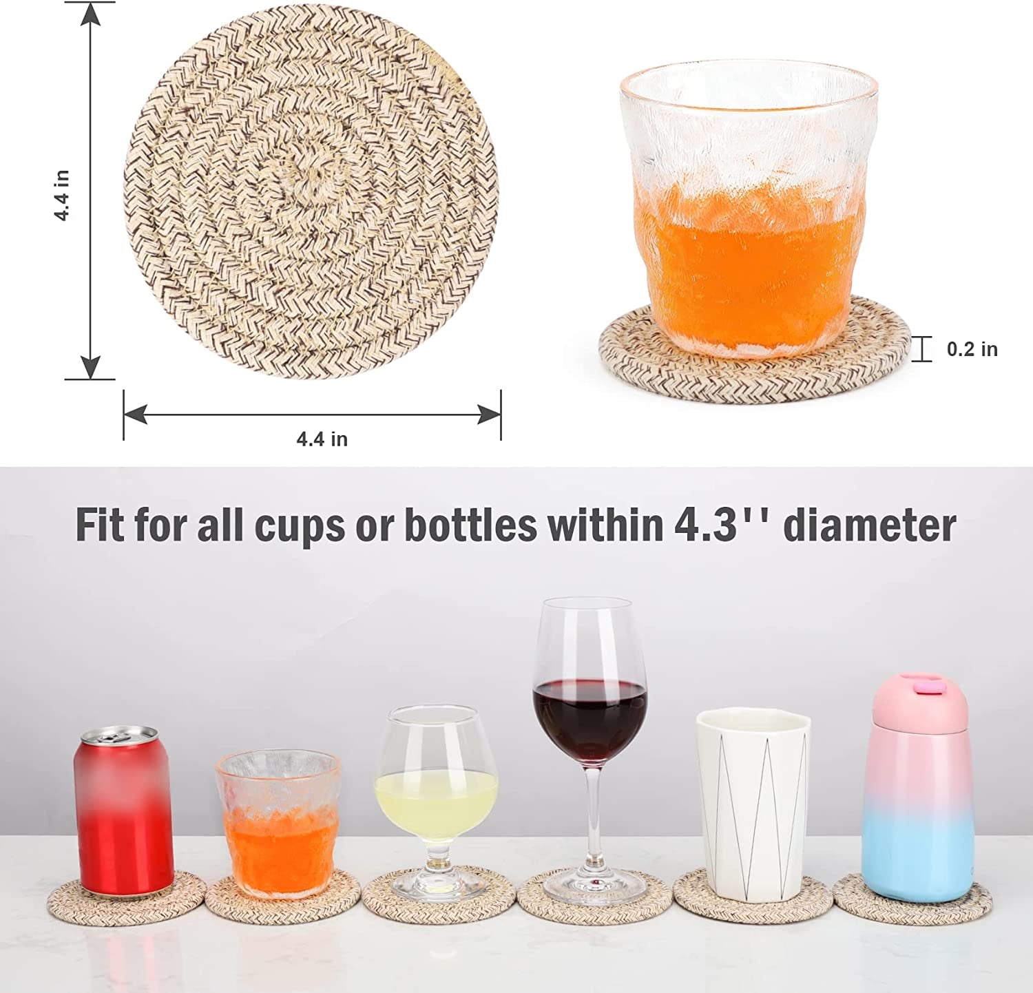 8 Pcs Drink Coasters with Holder, Cotton Woven Absorbent Coasters for Drinks, Minimalist Home Decor Coaster Set for Wooden Tabletop Protection Table, 4.3 Inches Mixed Brown