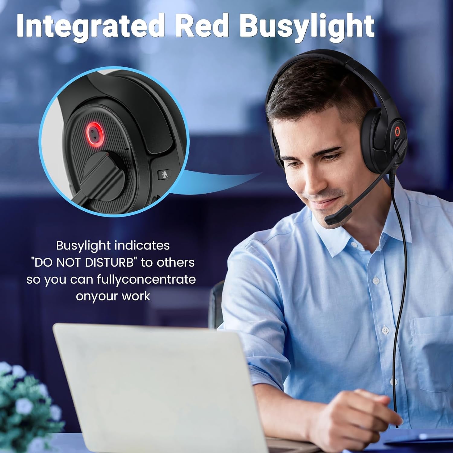 Headset with Microphone for PC, USB Computer Headsets Ai-Powered Environmental Noise Cancelling Headphone with Busylight, Mic Mute Boom & Volume Control, Wired Over-Ear Headset for Laptop/Work/Office